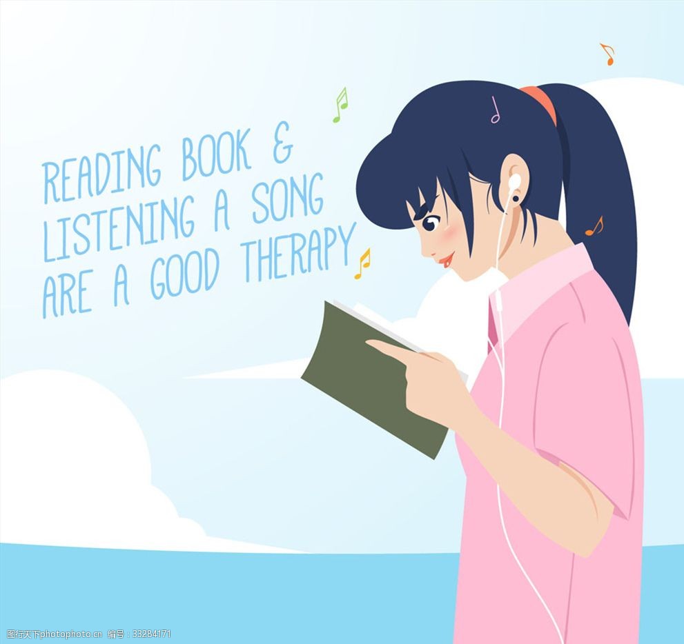 卡通边听音乐边读书的女孩