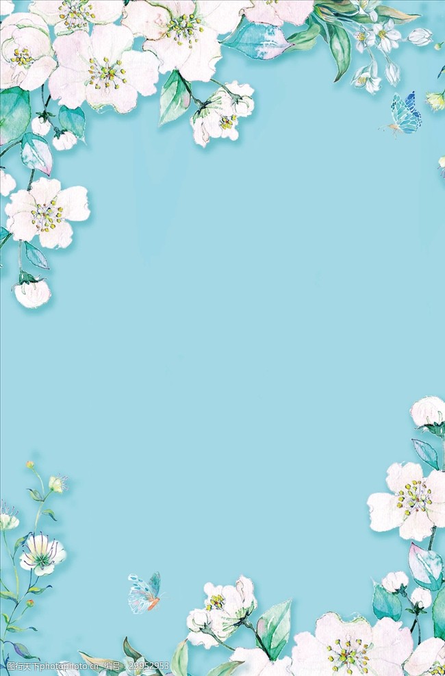 高清蓝底白花水彩手绘psd分层