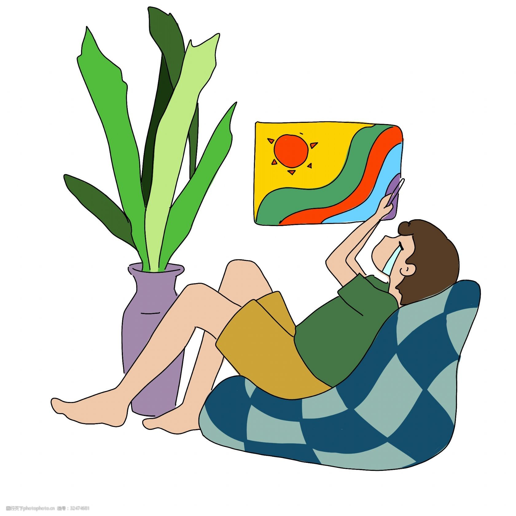 光棍节手绘插画一人宅在家