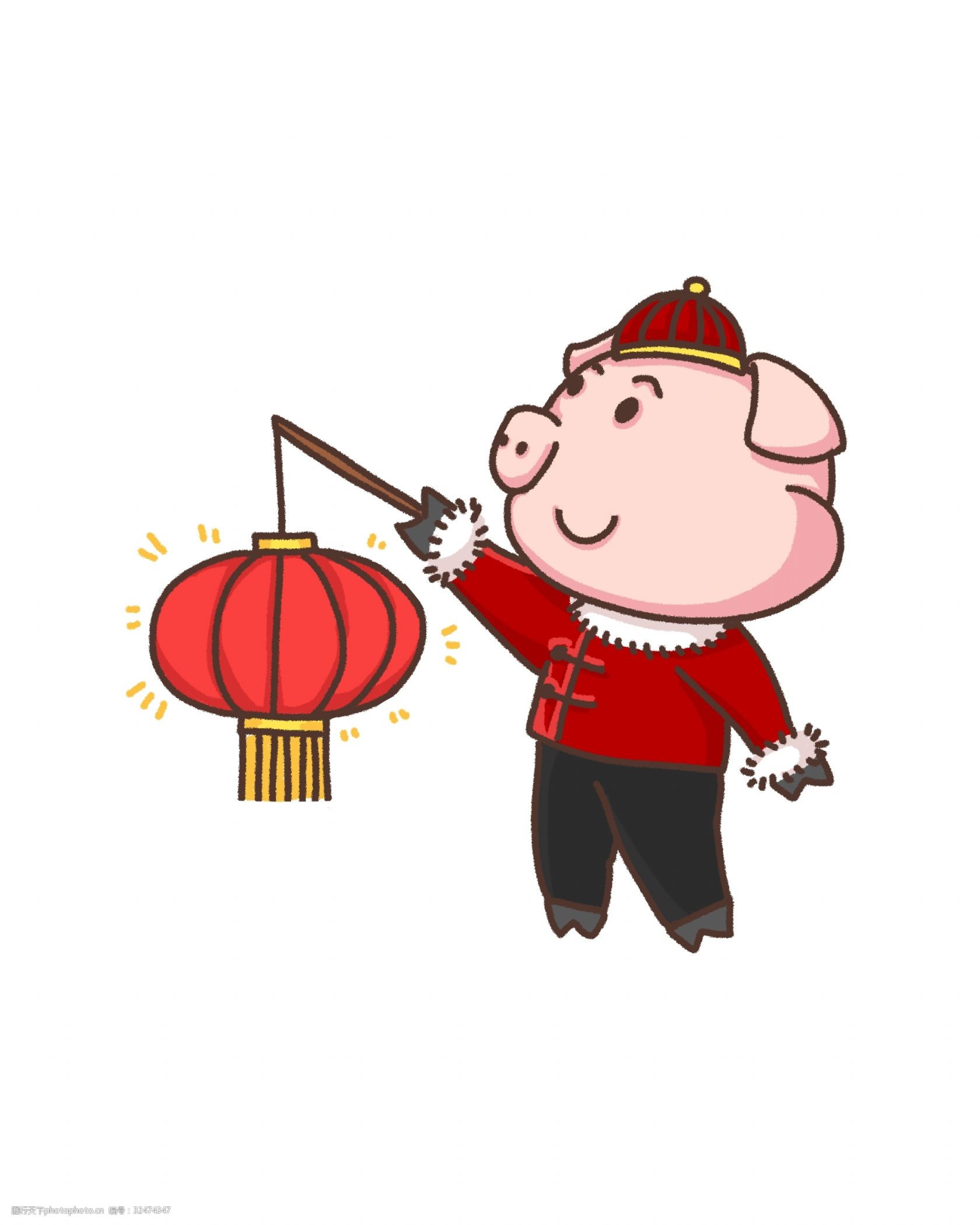 春节卡通猪挂灯笼手绘