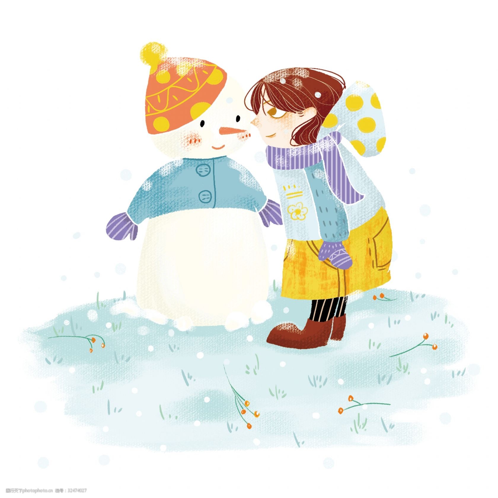 冬季冬天节气冬装卡通雪人和小女孩插画