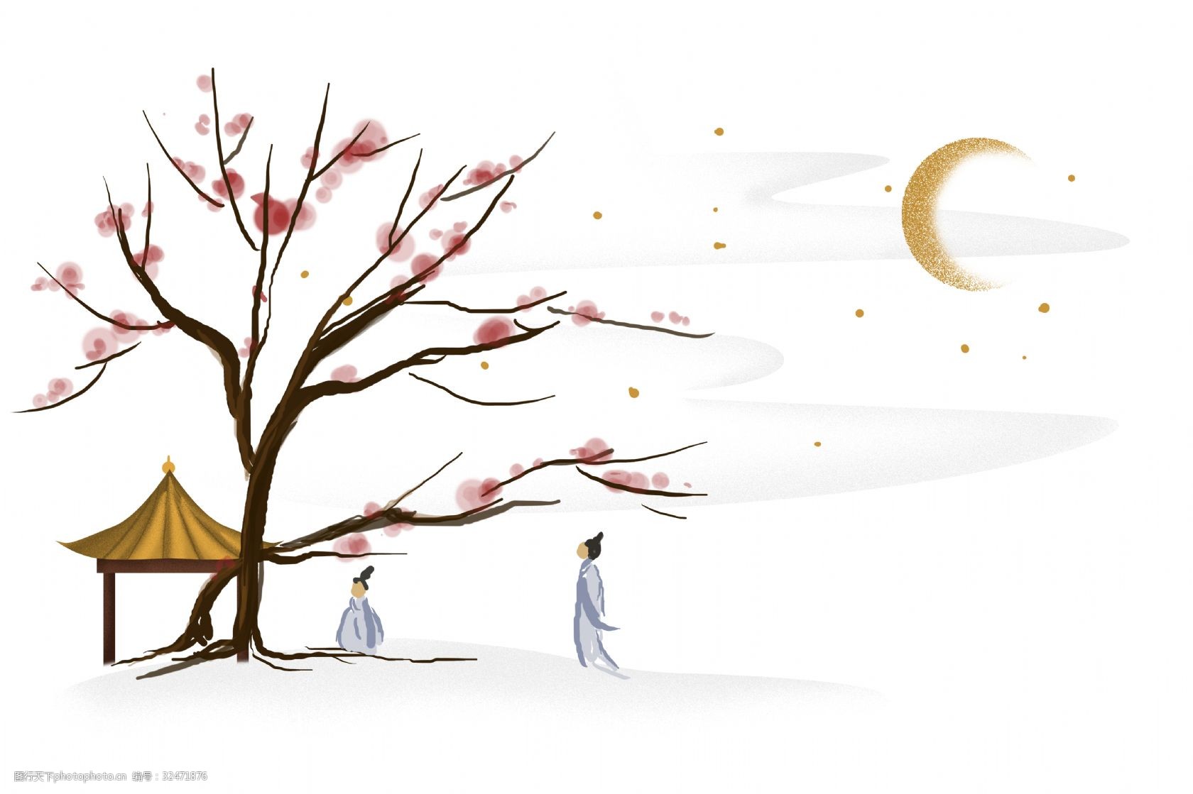 中国风雪天梅花树下的道士