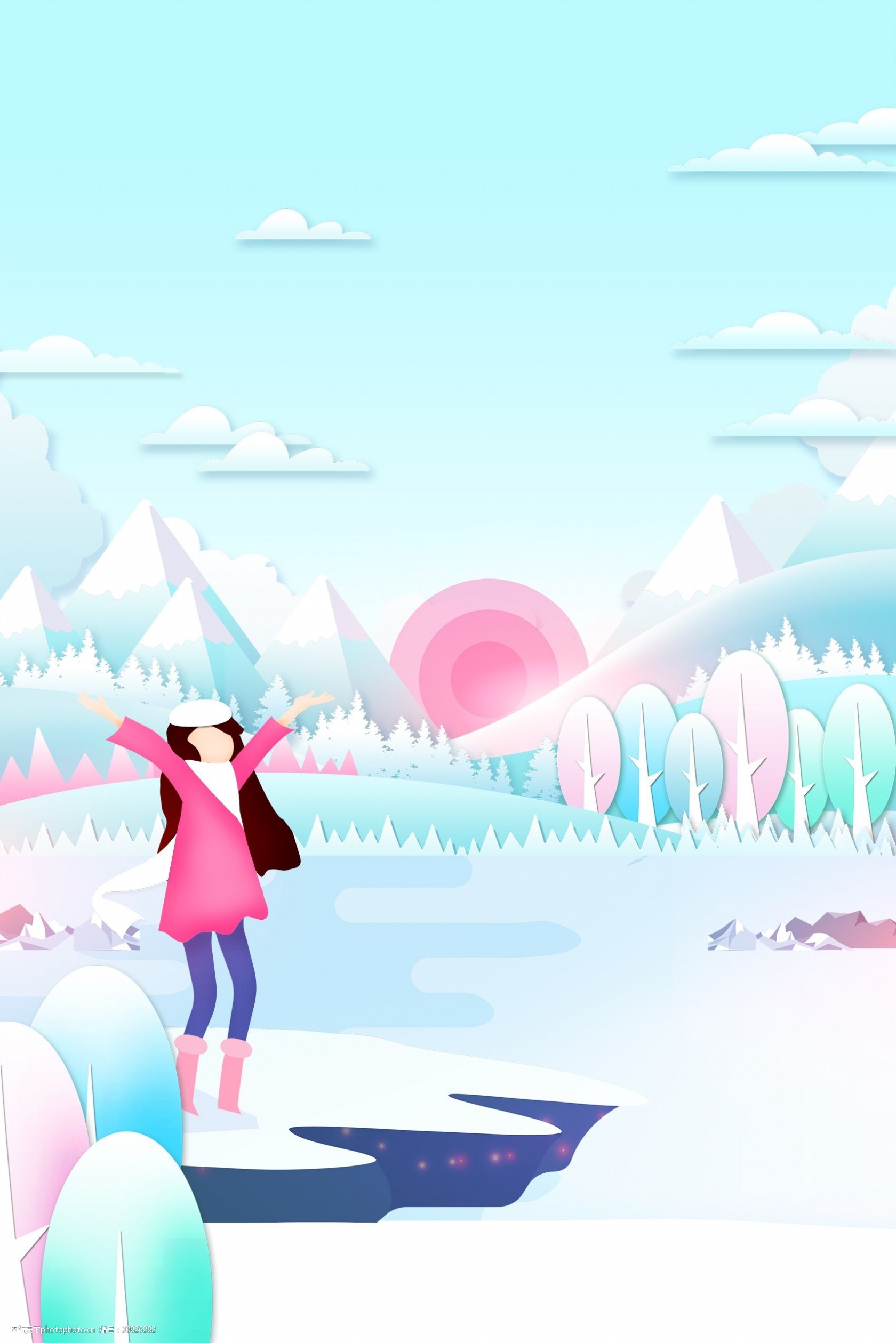 手绘卡通蓝色冬天背景