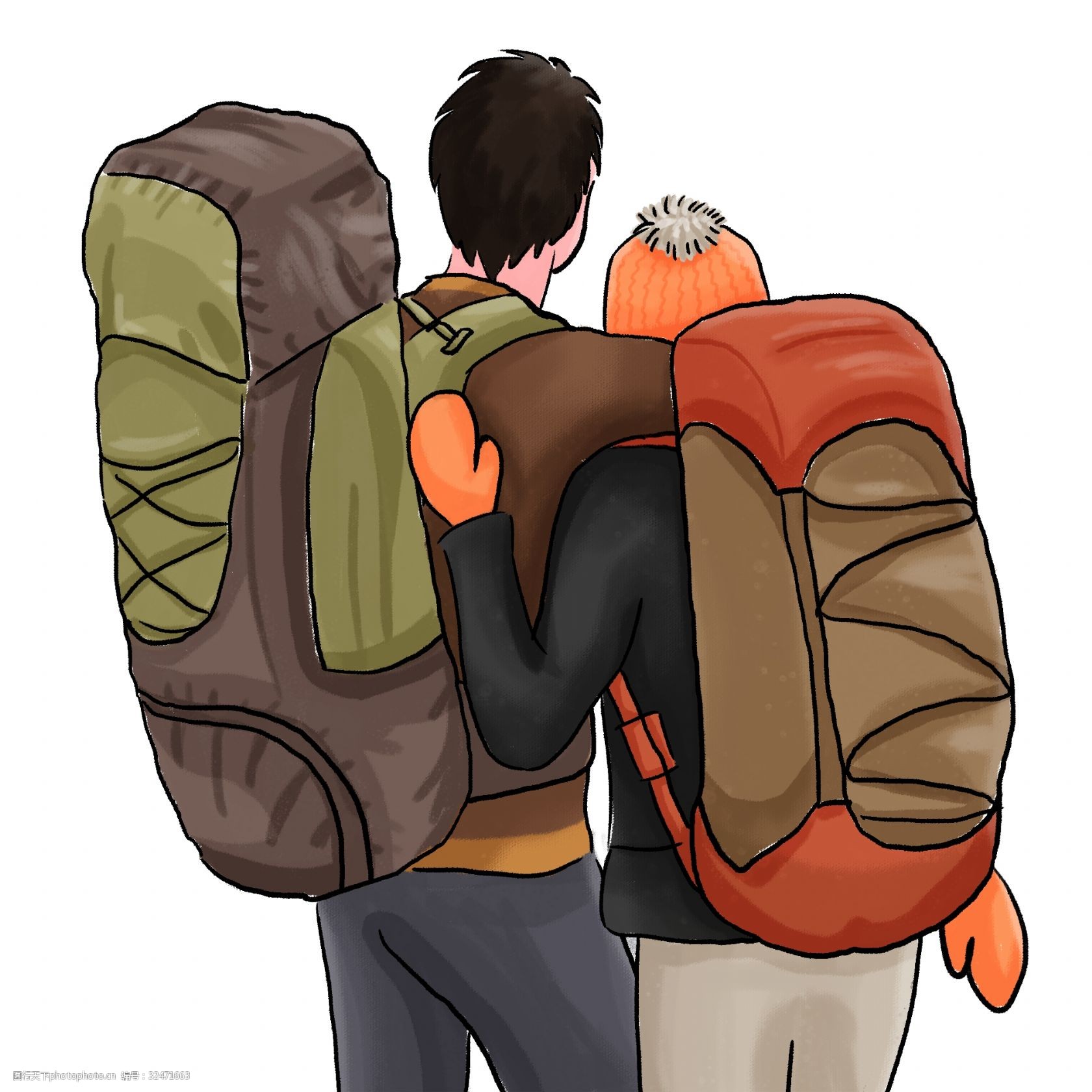 背包客情侣户外手绘插画psd