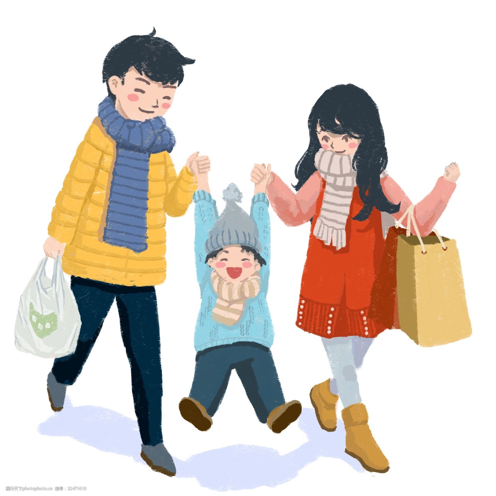 感恩节一家人愉快的团圆走在回家的路上