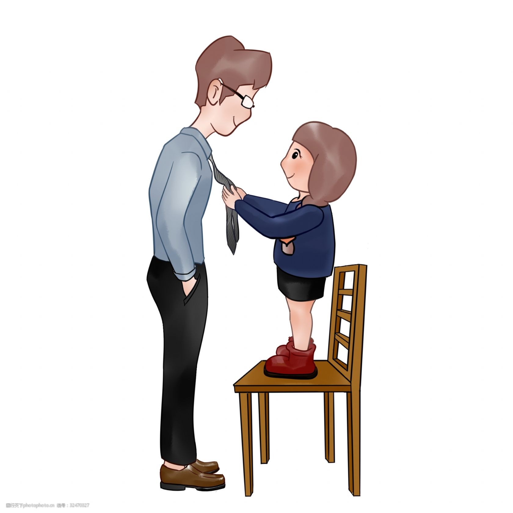 女孩站在凳子上给爸爸系领带之感恩节系列三