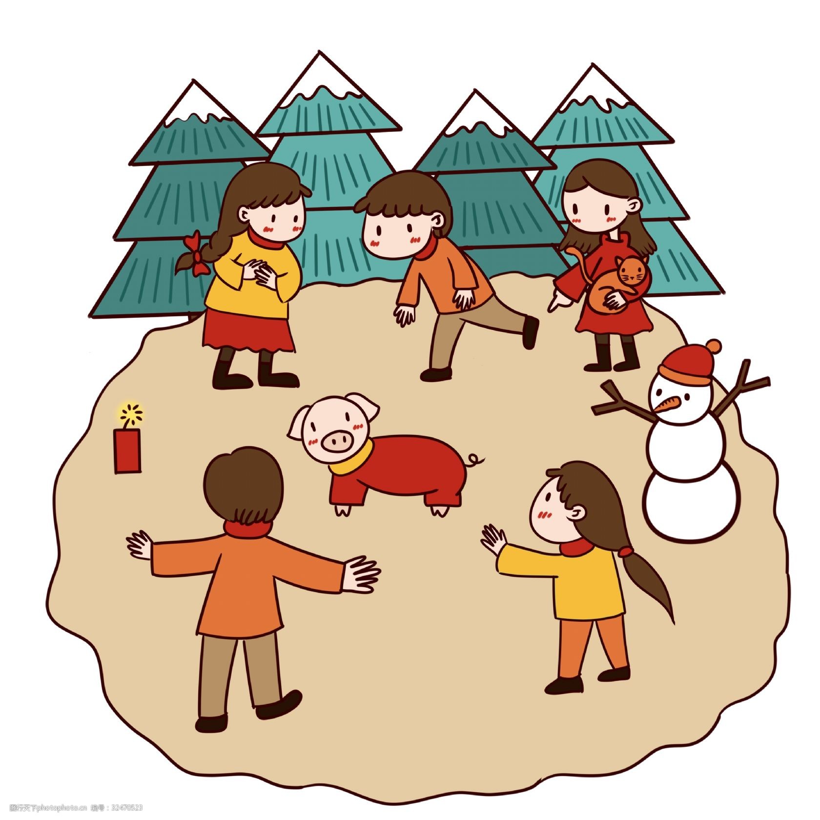 手绘卡通可爱喜庆新年小孩子抓小猪