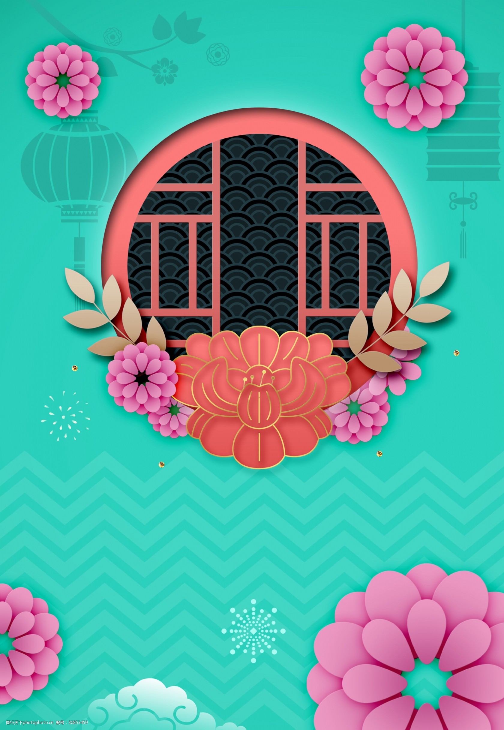 中国风剪纸风花朵新春背景素材