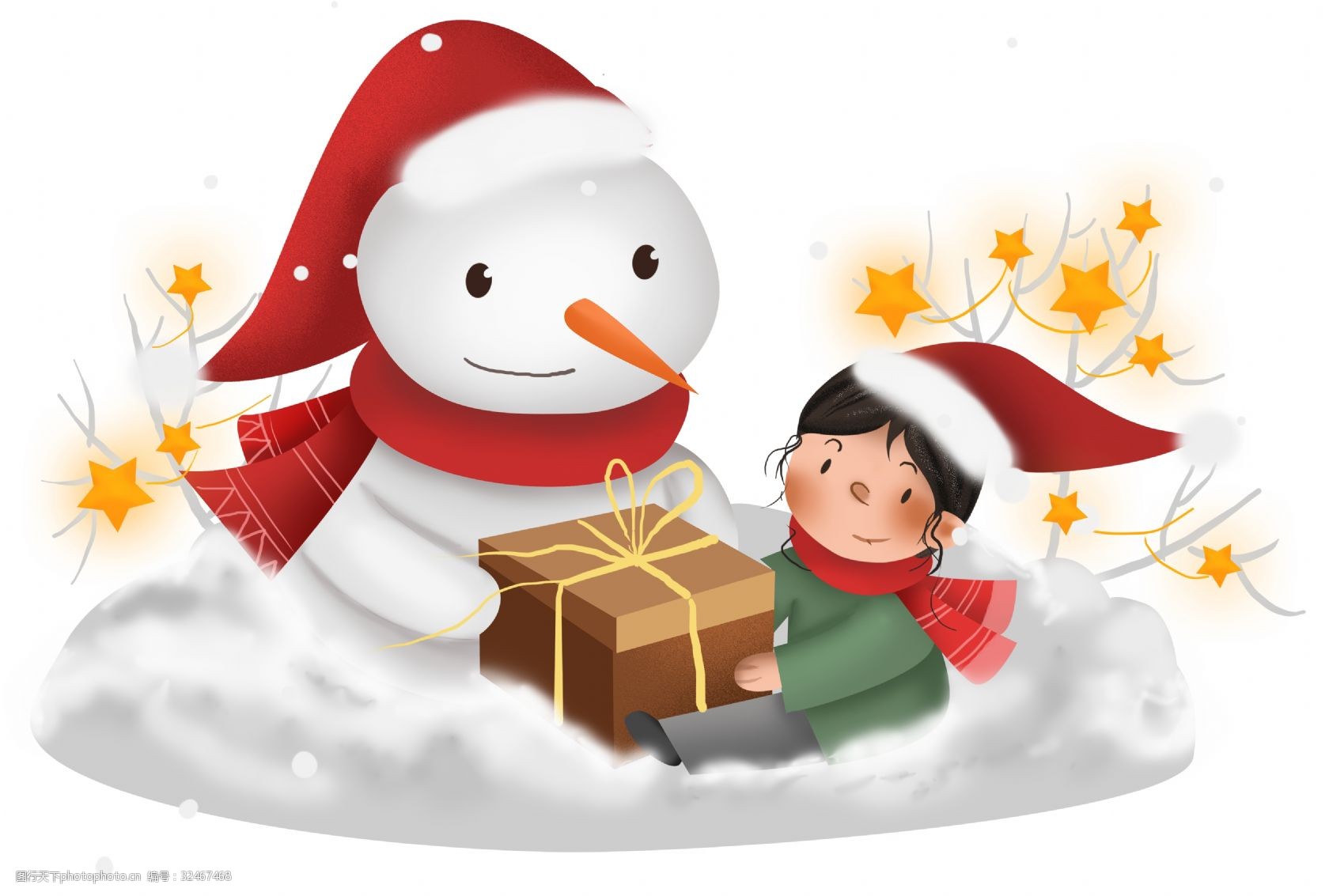 圣诞节拆礼物的雪人和儿童