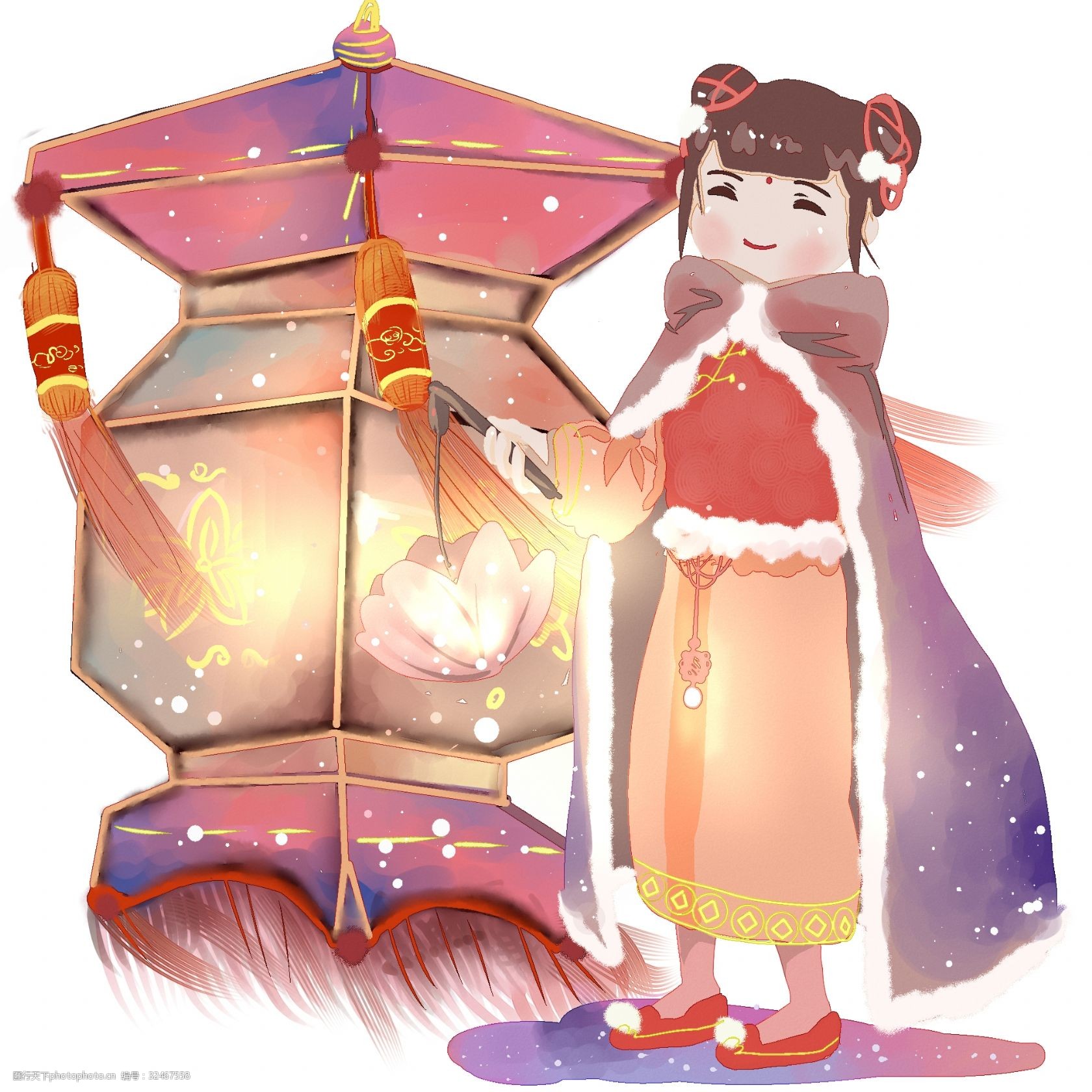 元旦时节莲花灯和红灯笼的唐装少女