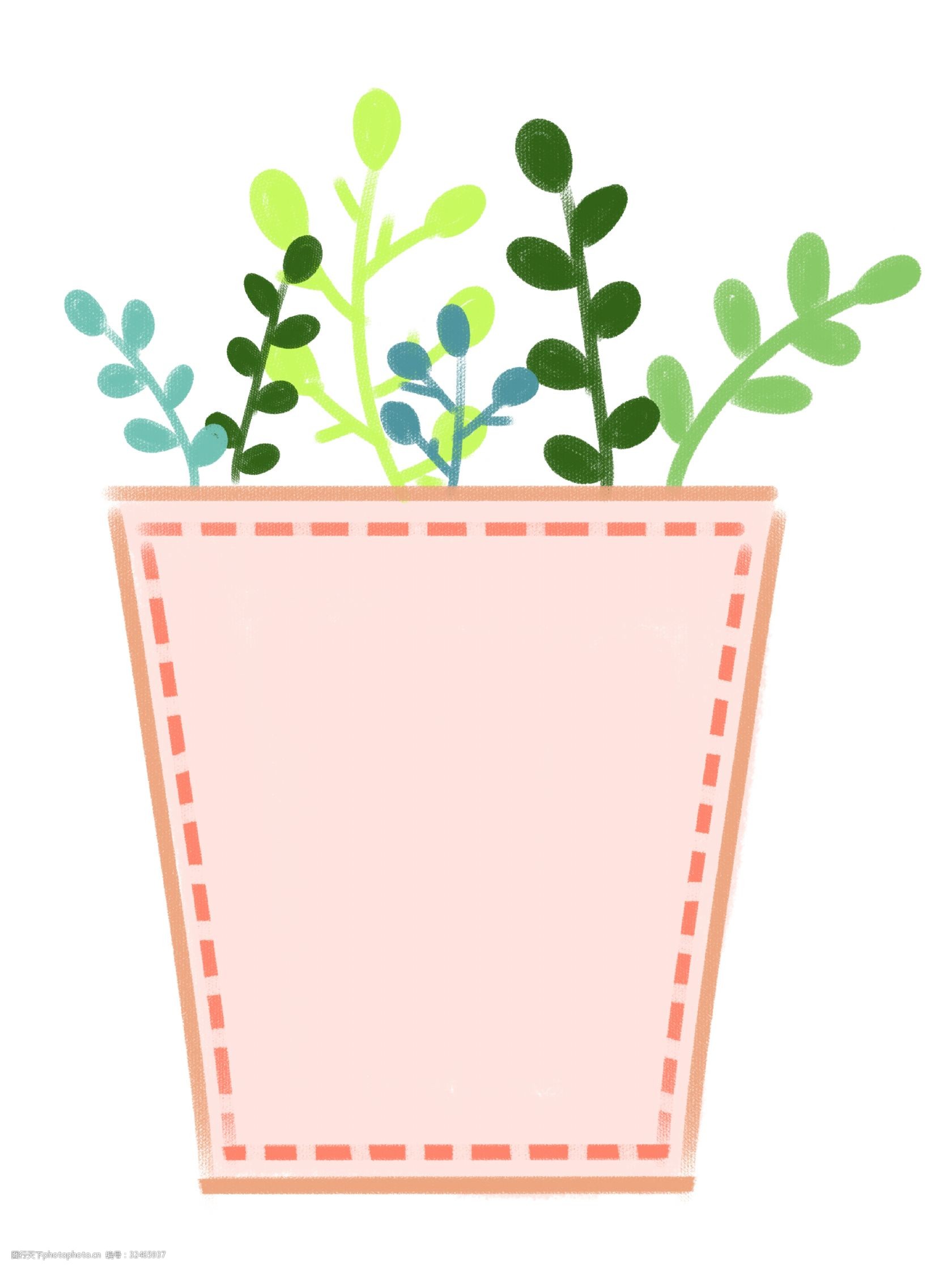 粉色的边框 绿色植物 绿色的叶子 盆栽装饰 虚线边框 手绘边框 卡通