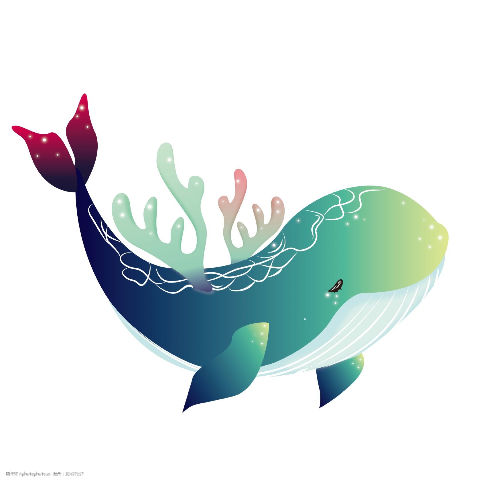一只大蓝鲸在海里游泳，水彩画在卡通插画图片素材_ID:425851058-Veer图库