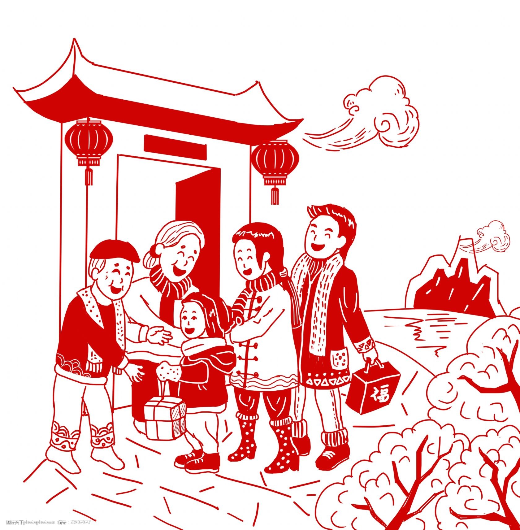 卡通手绘猪年剪纸春节