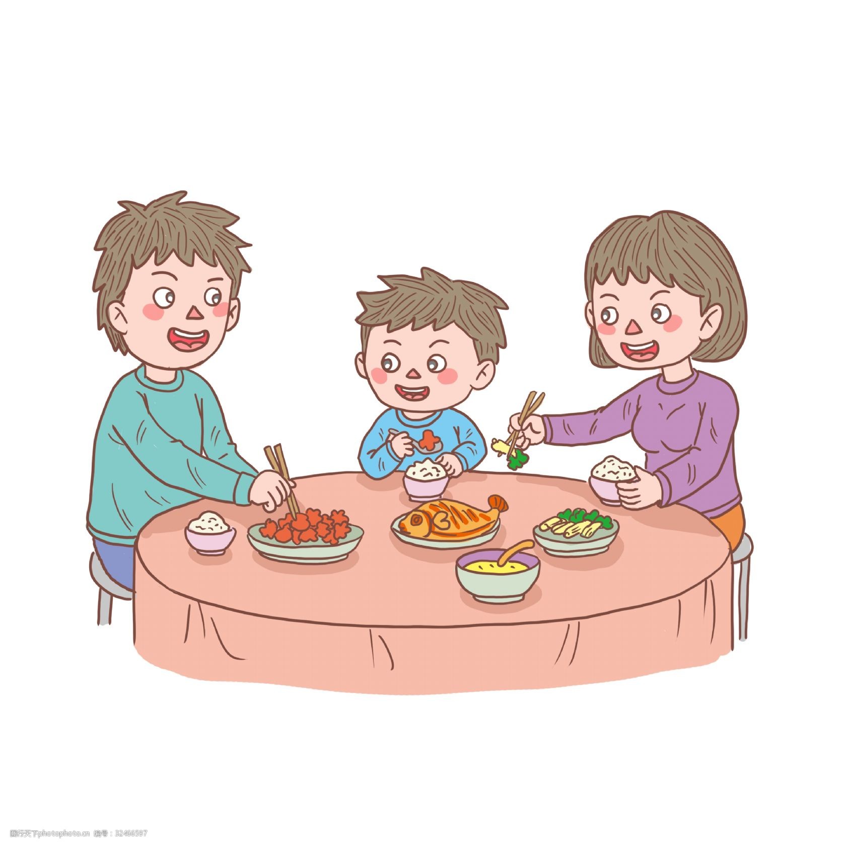 手绘一家人吃饭场景插画图片-图行天下素材网