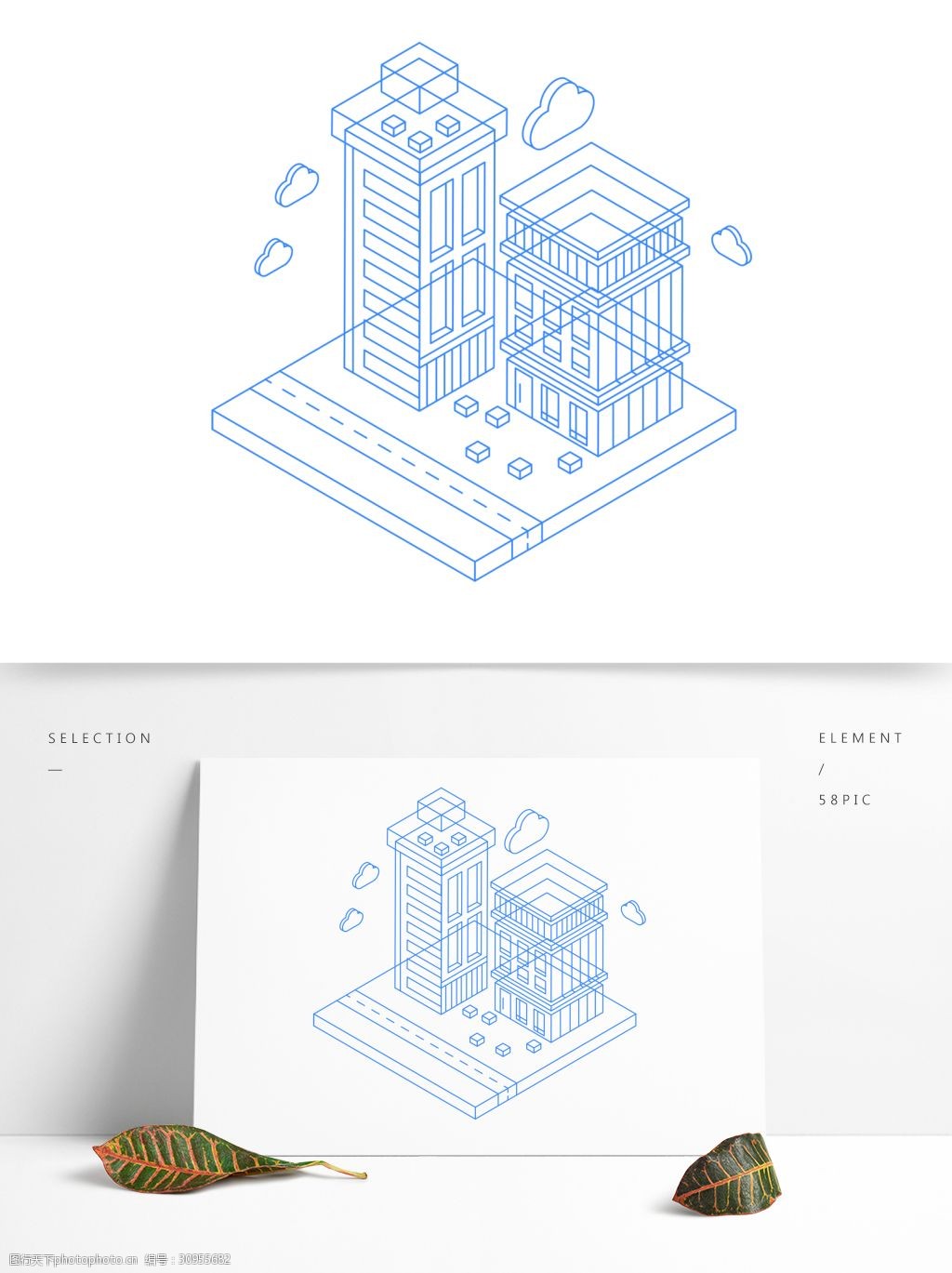 原创矢量等距立体2.5d蓝色线性城市建筑