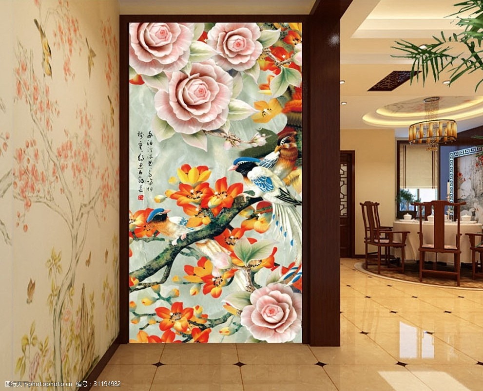 牡丹花鸟彩雕玄关