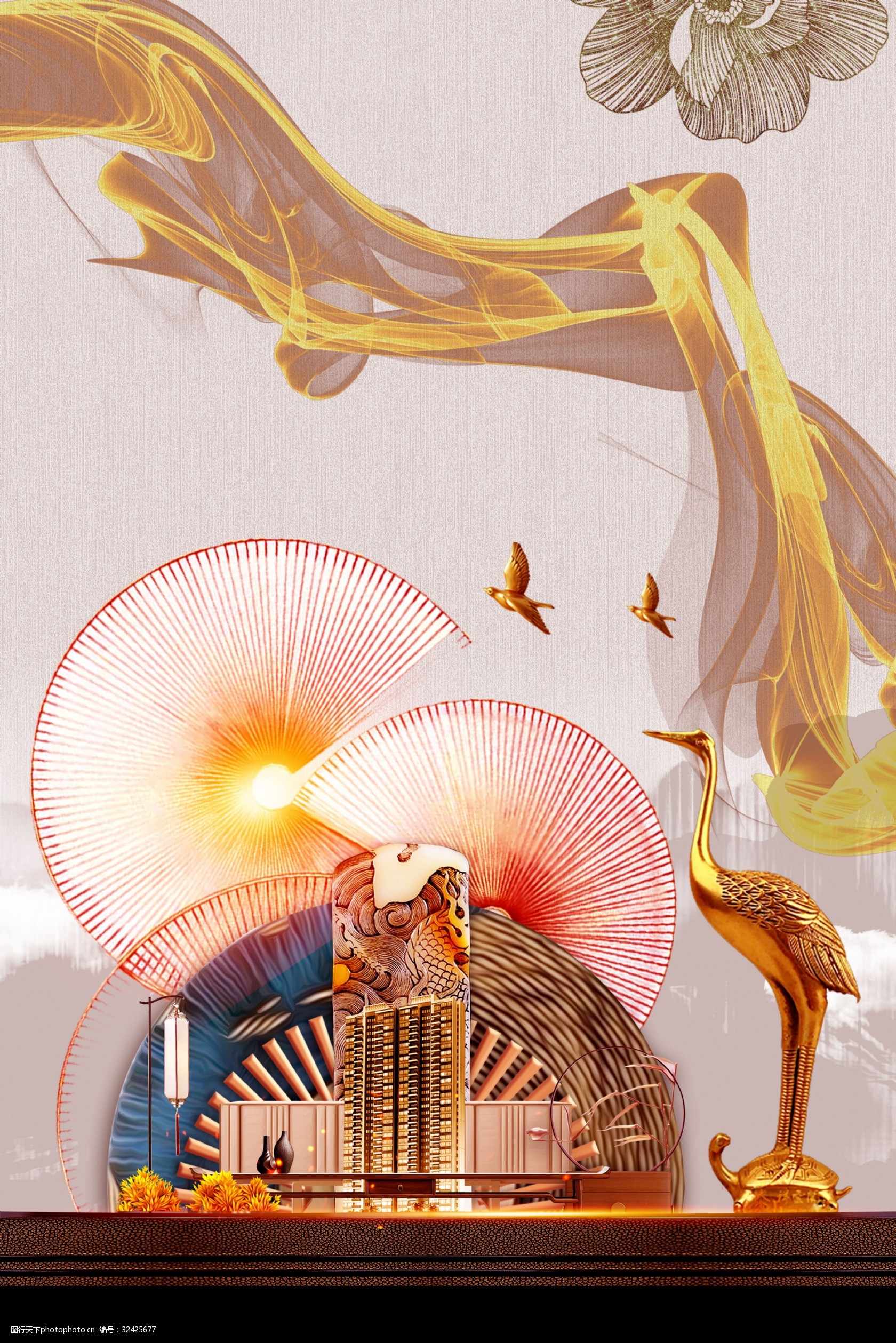 房地产手绘质中式复古中国风大气可修改背景