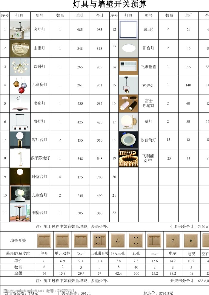 灯具报价表格式图片