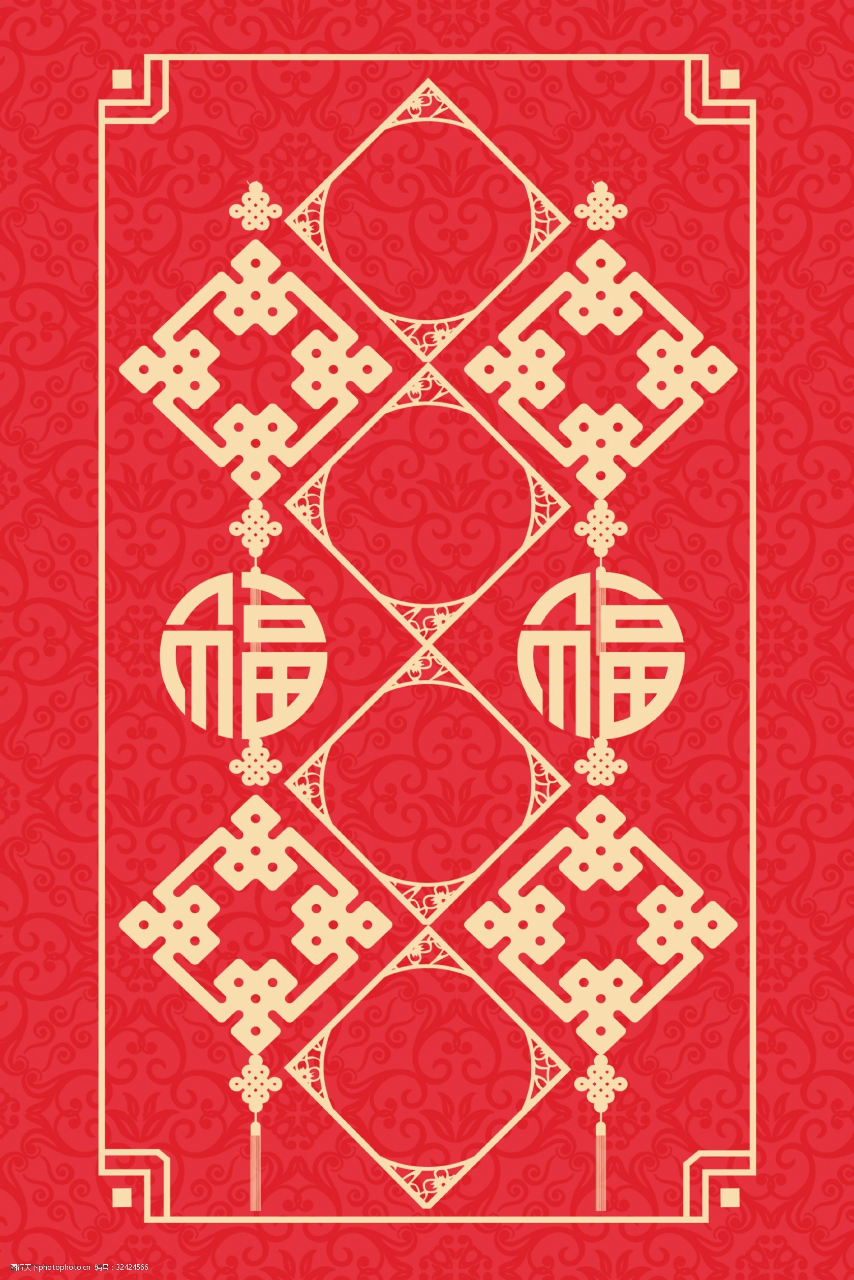 古典边框新年签线条中国风红色背景海报