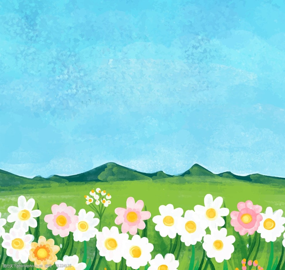 彩绘春季花丛风景矢量素材