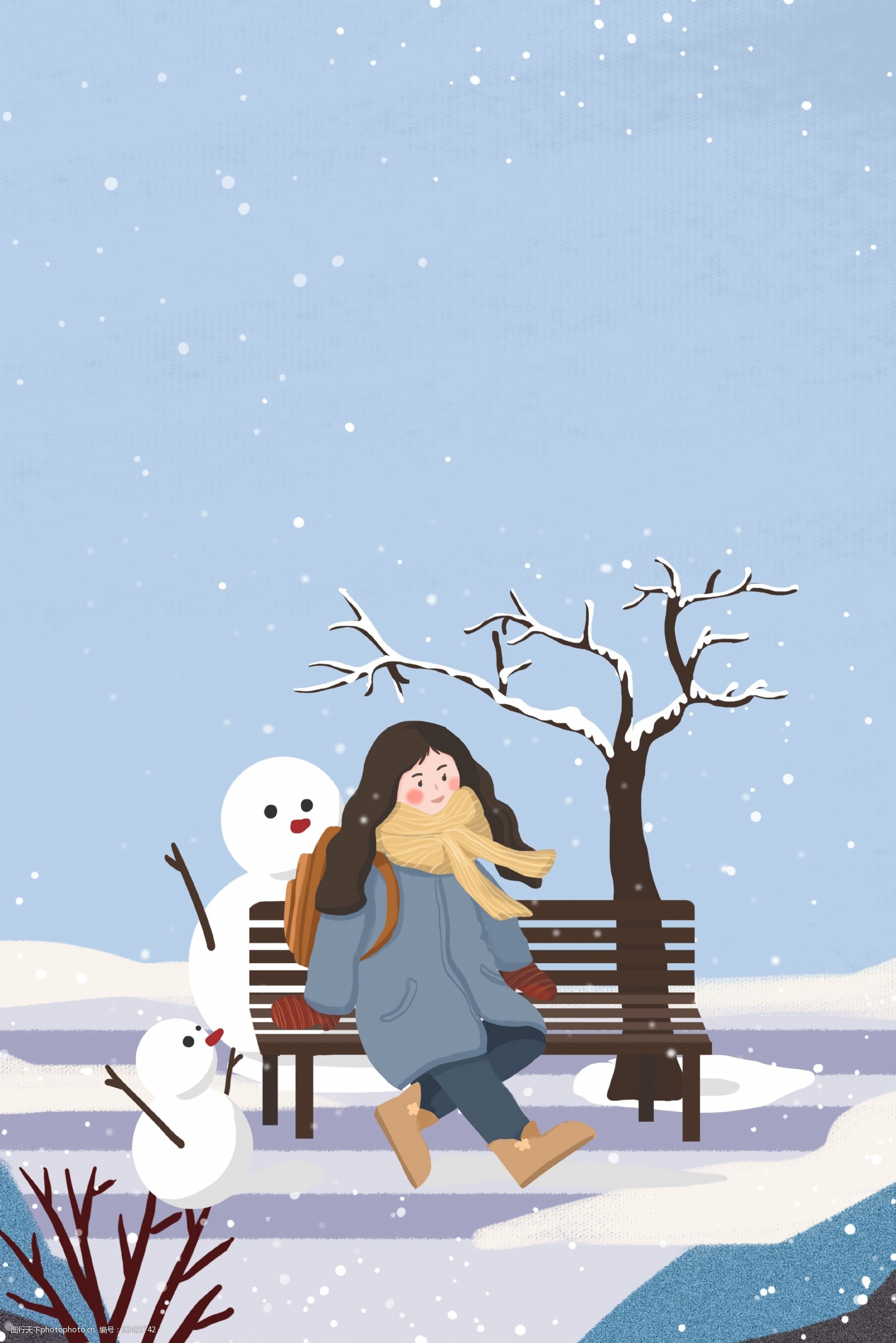 关键词:冬日公园玩耍女孩出行海报 冬天 公园 长椅 雪地 雪人 女孩