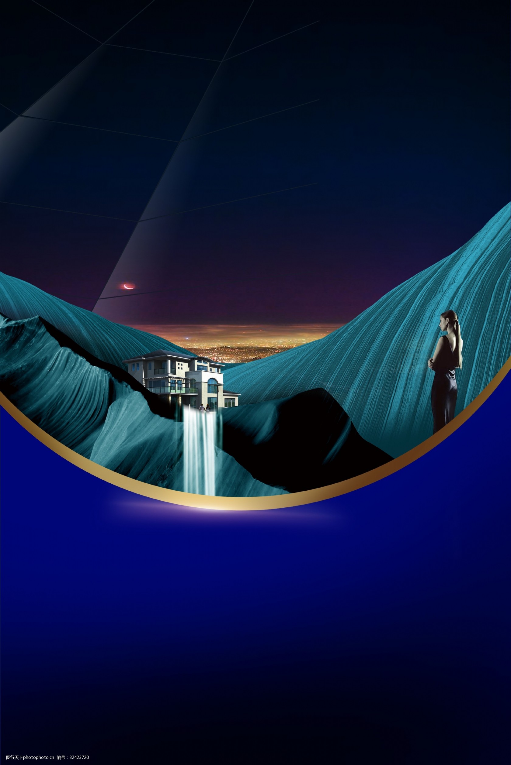 关键词:房地产蓝色简约背景合成 蓝色背景 简约 房地产 楼盘 山水