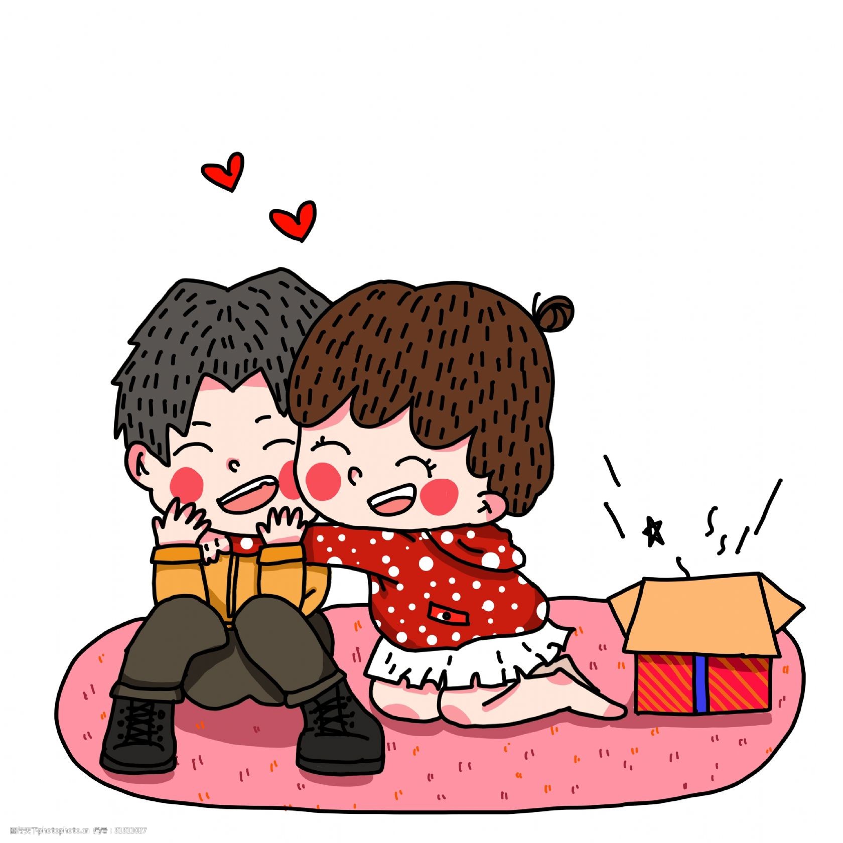 红色的桃心 恩爱的情侣 浪漫礼物 拥抱的情侣 爱情人物手绘插画 红色