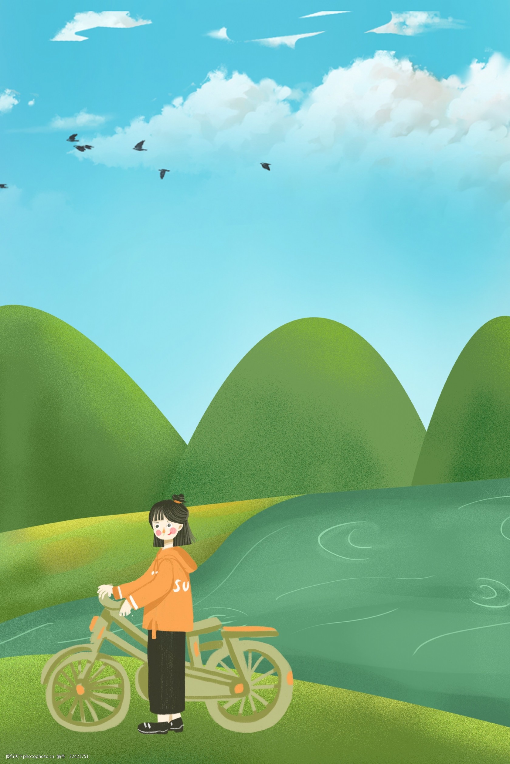 初春 立春 户外 出行 女孩 服装 自行车 清新 插画风 促销海报