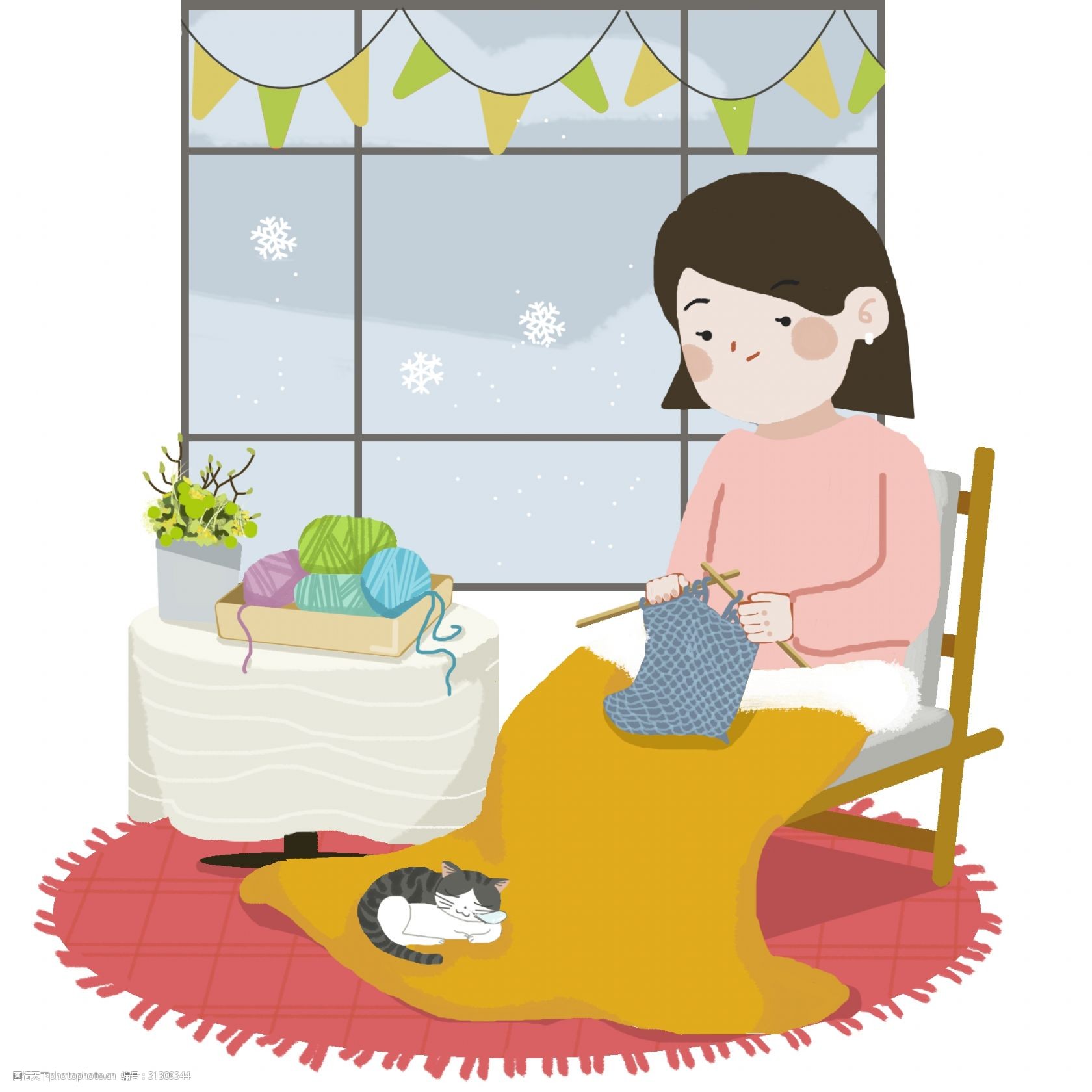 女孩冬天织毛衣围巾图