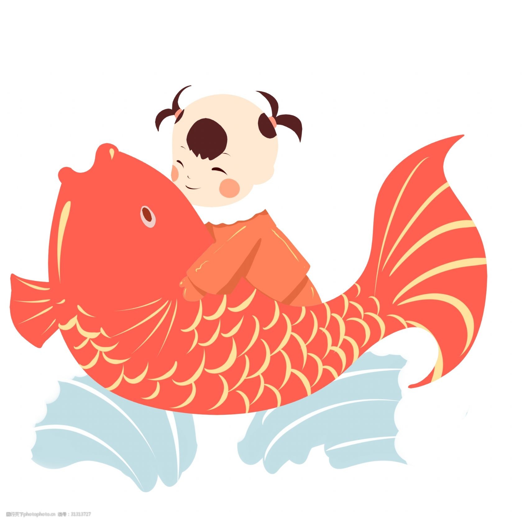 手绘骑着金鱼的福娃插画