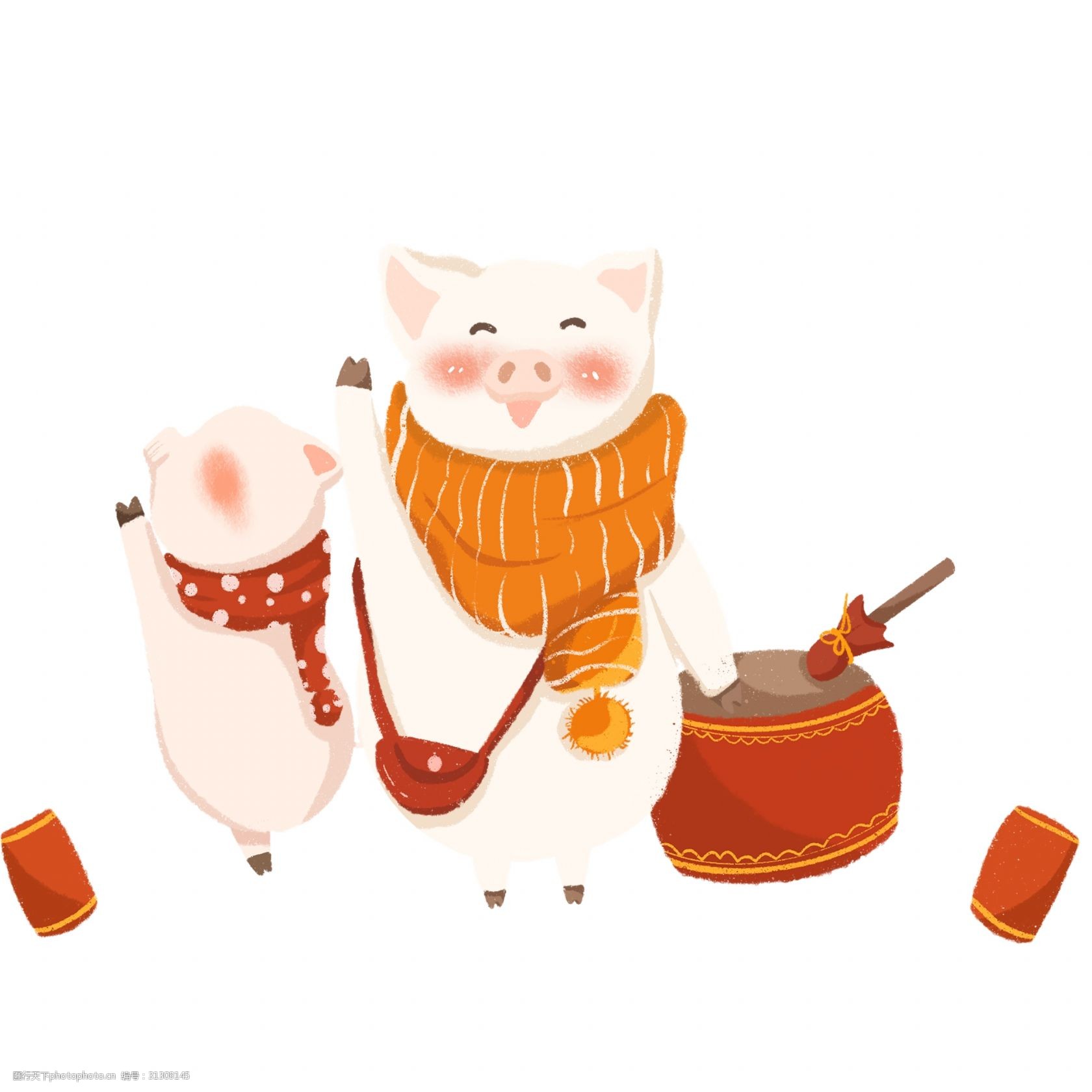 2019年猪年 卡通猪 小猪公仔 猪队友 敲锣打鼓的可爱小猪