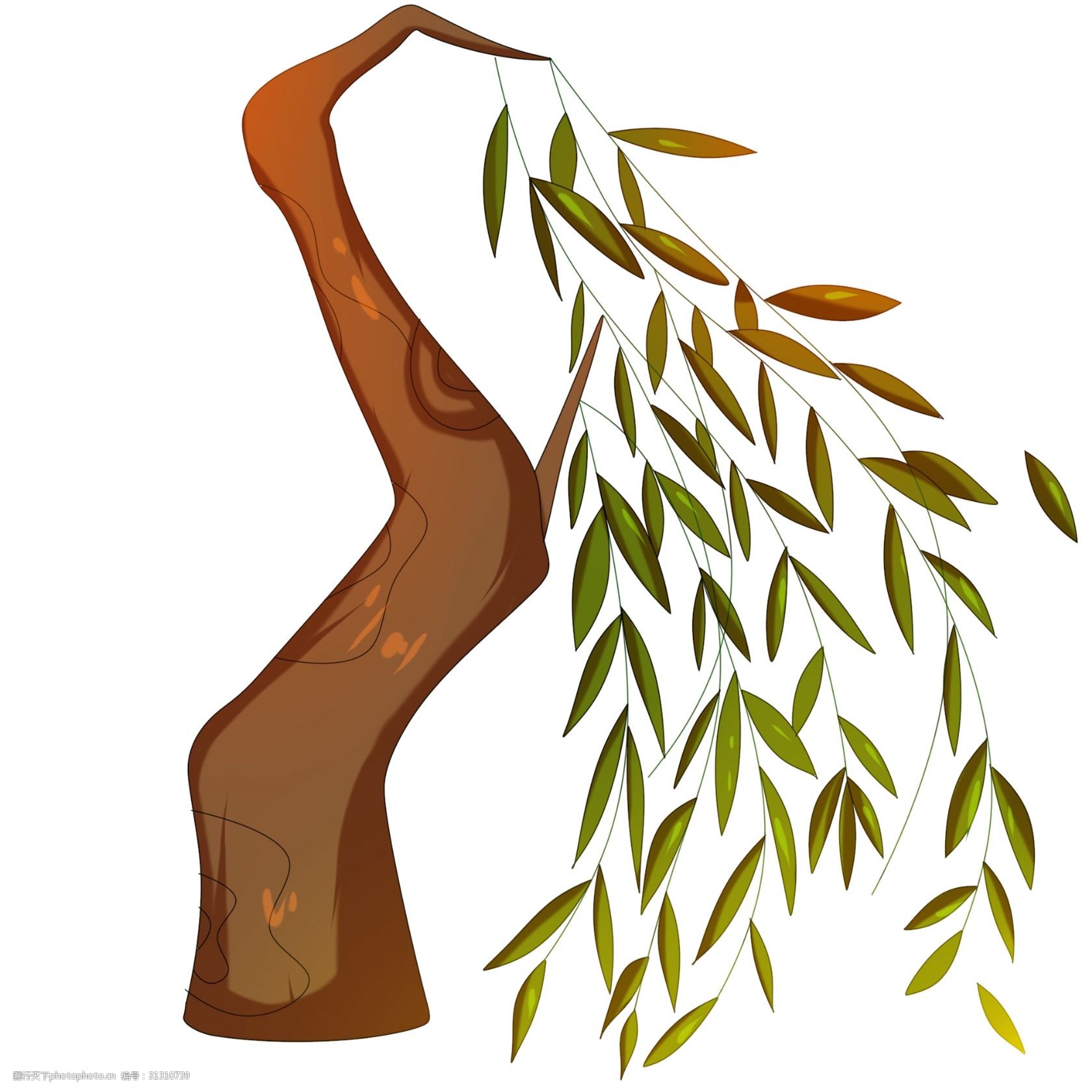 关键词:棕色的柳树手绘插画 手绘柳树 卡通柳树 绿色的叶子 绿植装饰