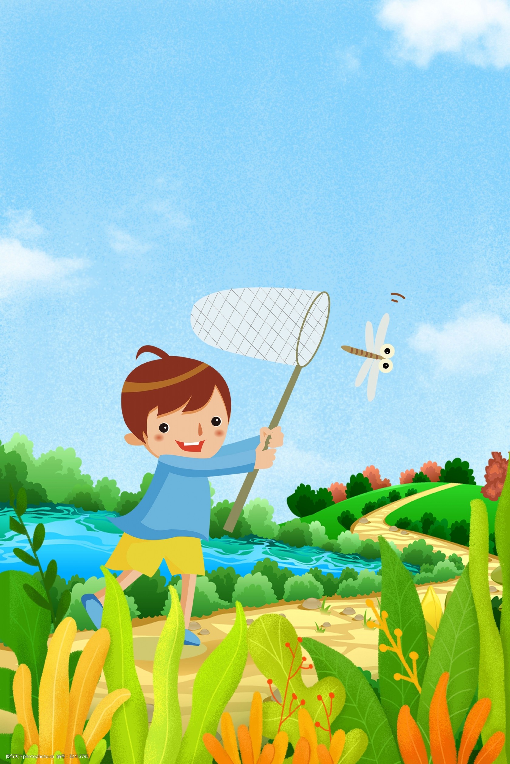 清新手绘捕蜻蜓的小男孩春天背景