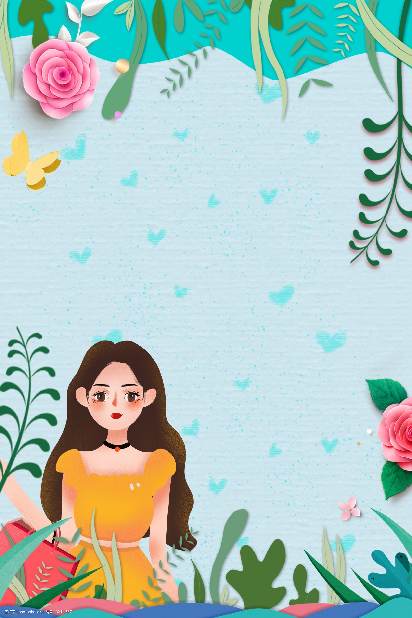 剪纸边框女神节电商淘宝背景h5