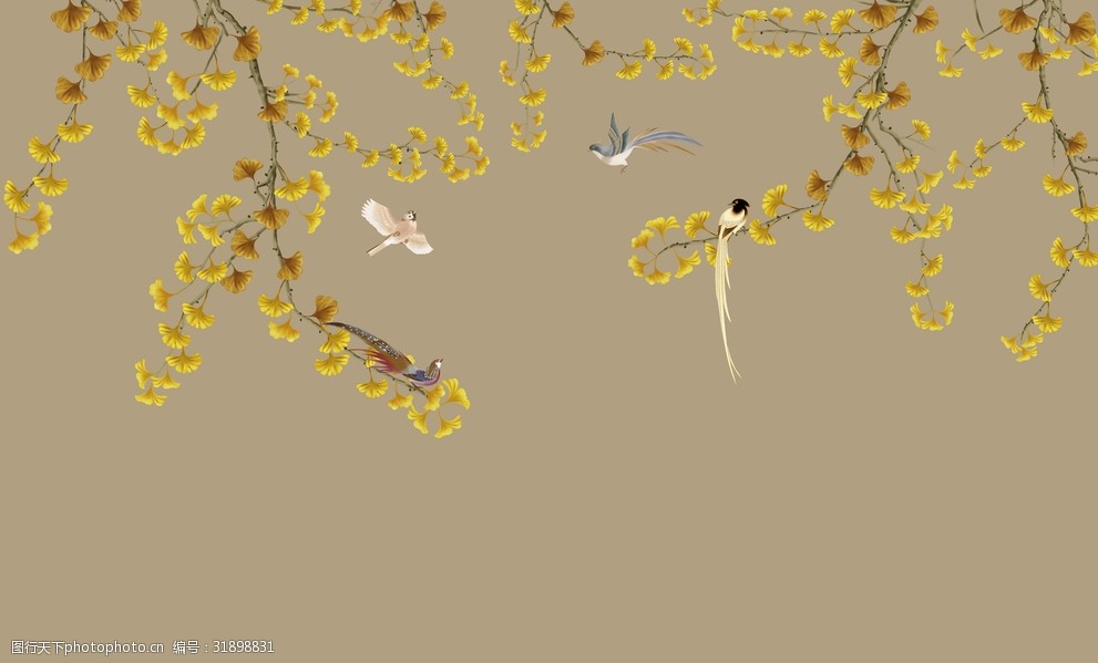 富贵花鸟新中式玄关屏风电视背景