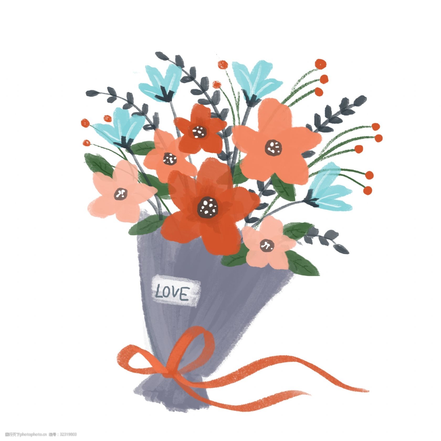 手绘橘色花朵花捧花花束png免抠素