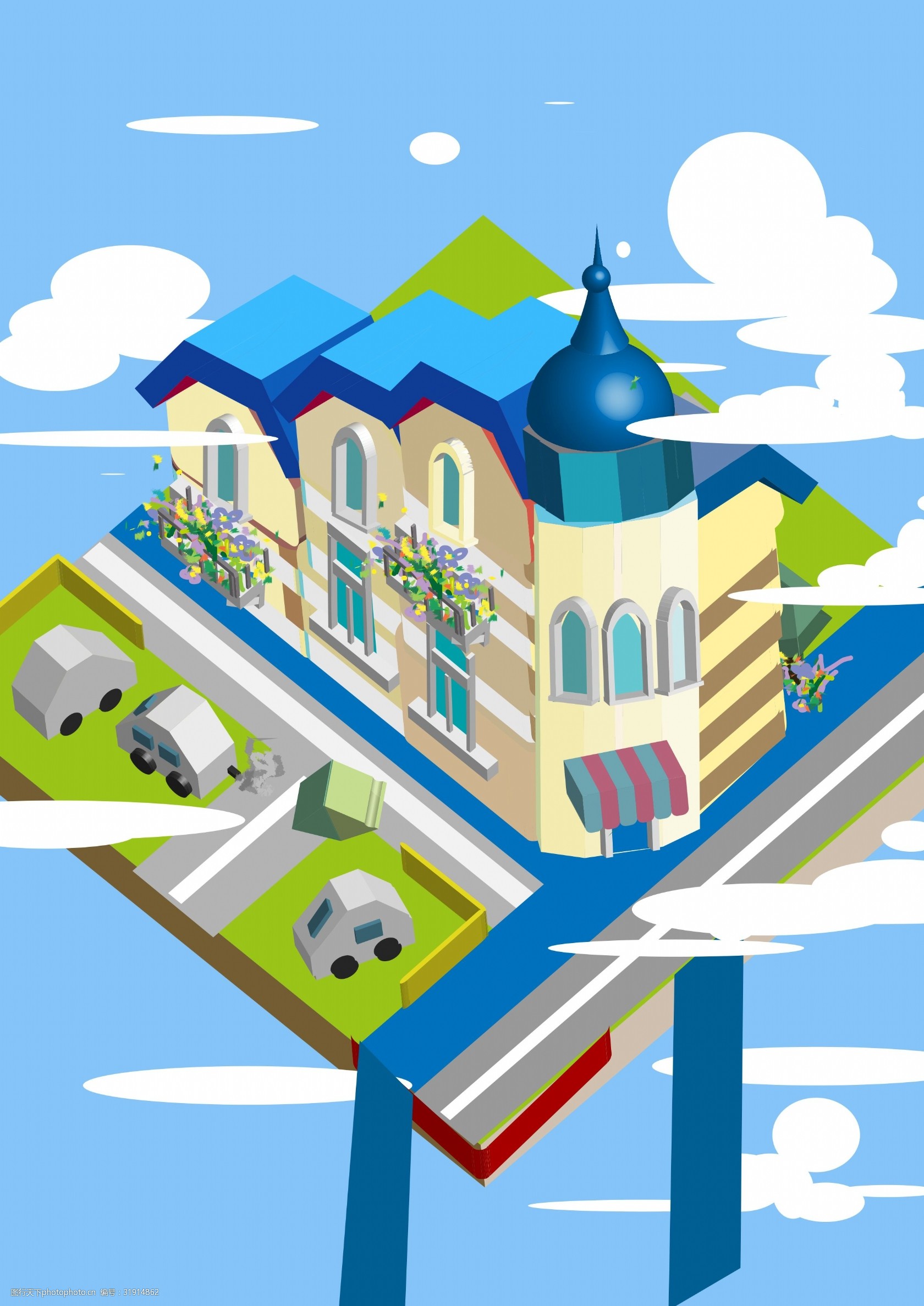 5dai别墅惬意卡通插画