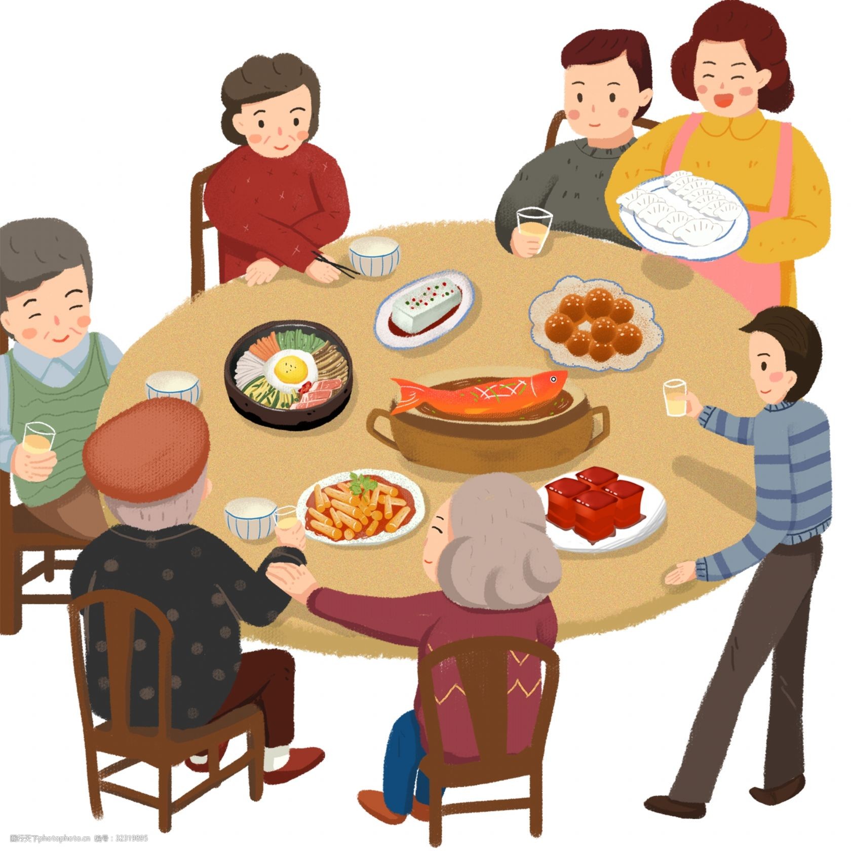卡通 手绘 年夜饭 小年夜 团圆饭 除夕 一家人 吃饭啦 过年 聚会 家庭
