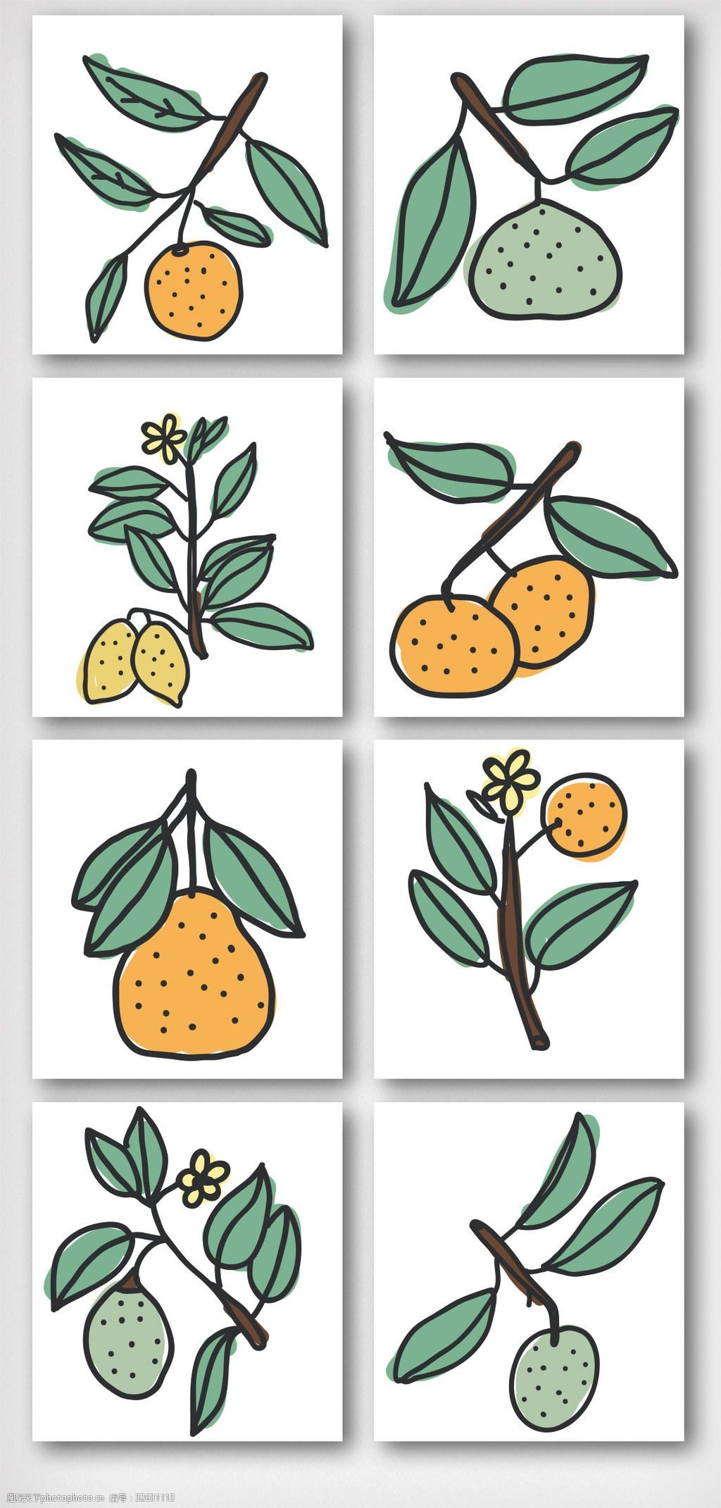 关键词:卡通简笔画水果图案元素 卡通荔枝 黄皮 带叶水果 雪梨 元素