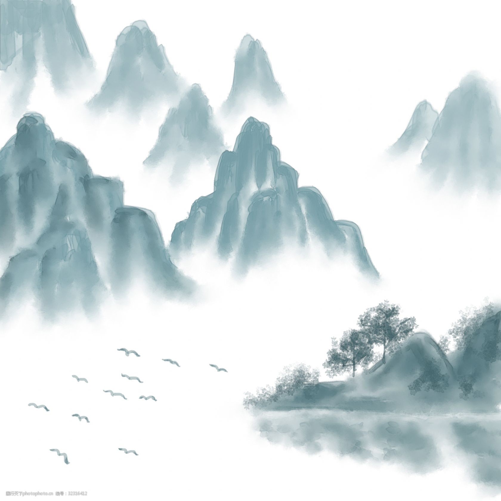 中国风山水水墨高山峻岭巍峨险峰飞雁