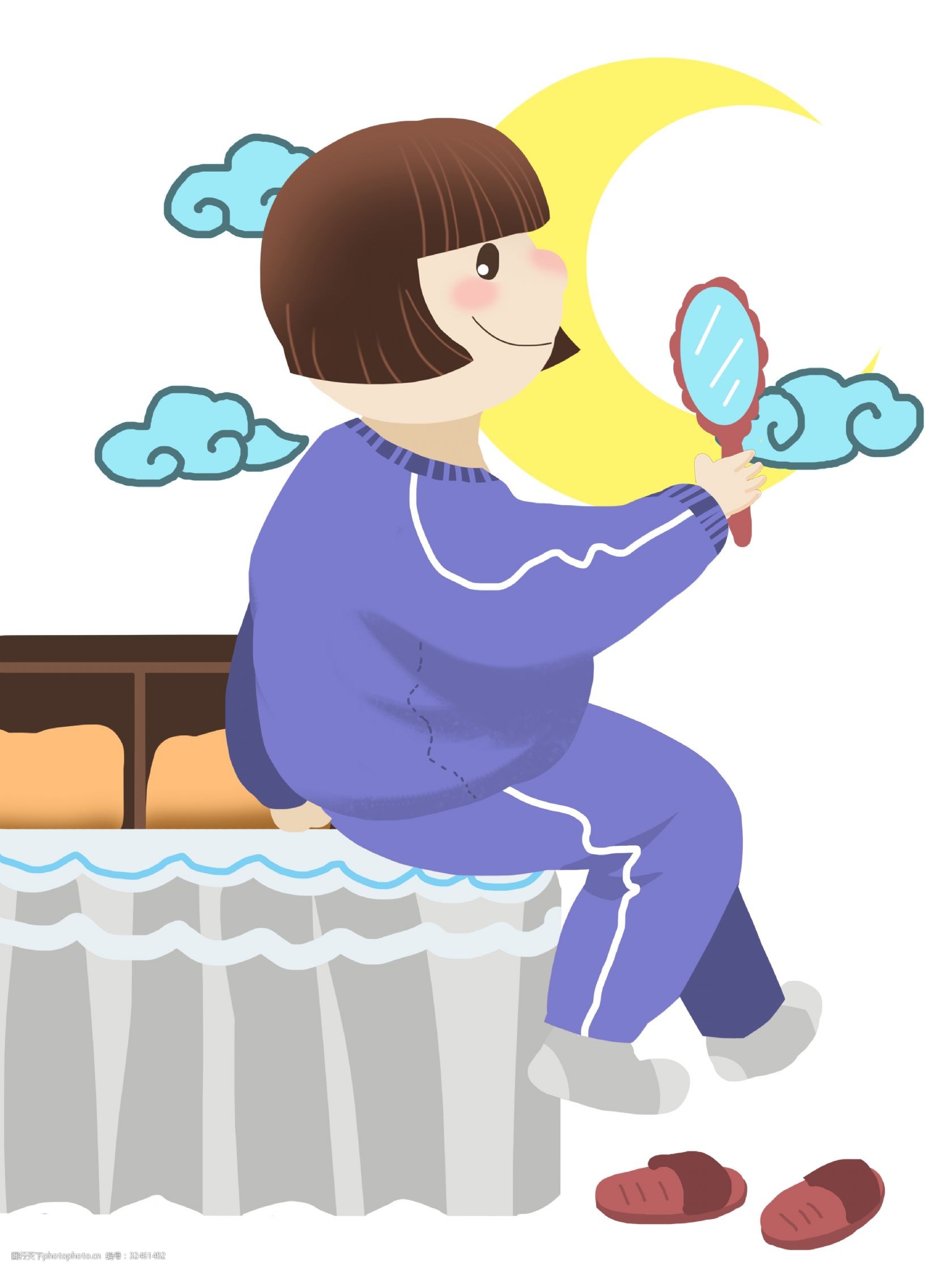 關鍵詞:睡覺照鏡子女孩插畫 世界睡眠日插畫 照鏡子的小女孩 藍色的