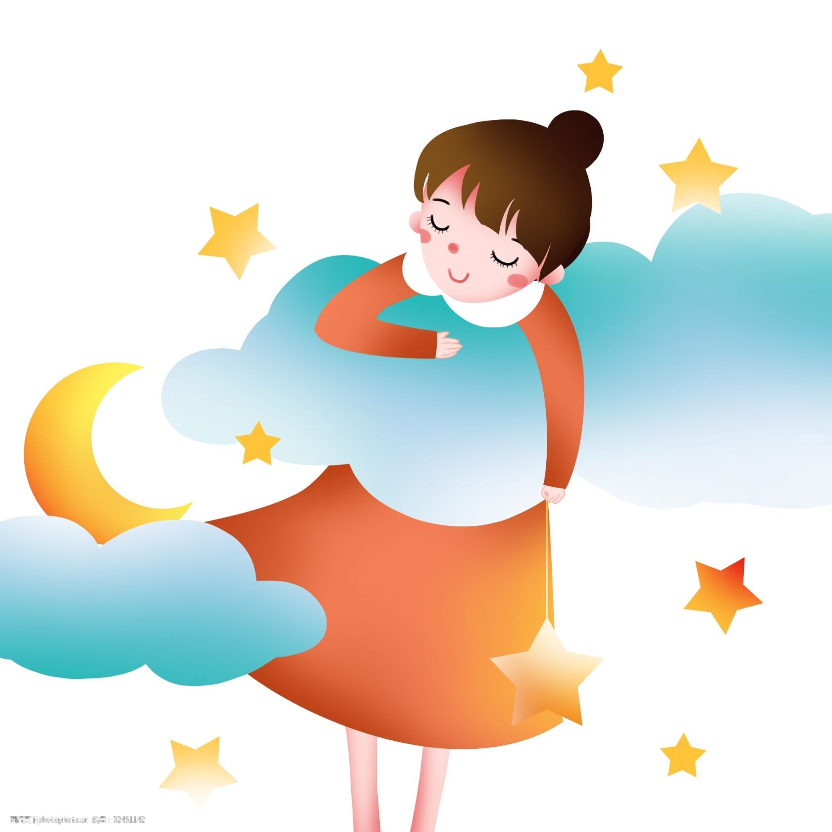 抱着云朵睡觉 睡觉的小女孩 黄色的月亮 黄色的星星 卡通人物