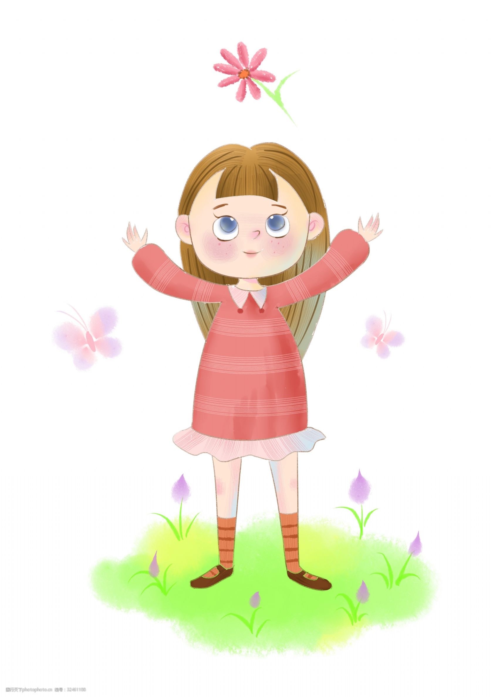 春分人物和小花插画 春分人物插画 粉色的小花 漂亮的小女孩 卡通的