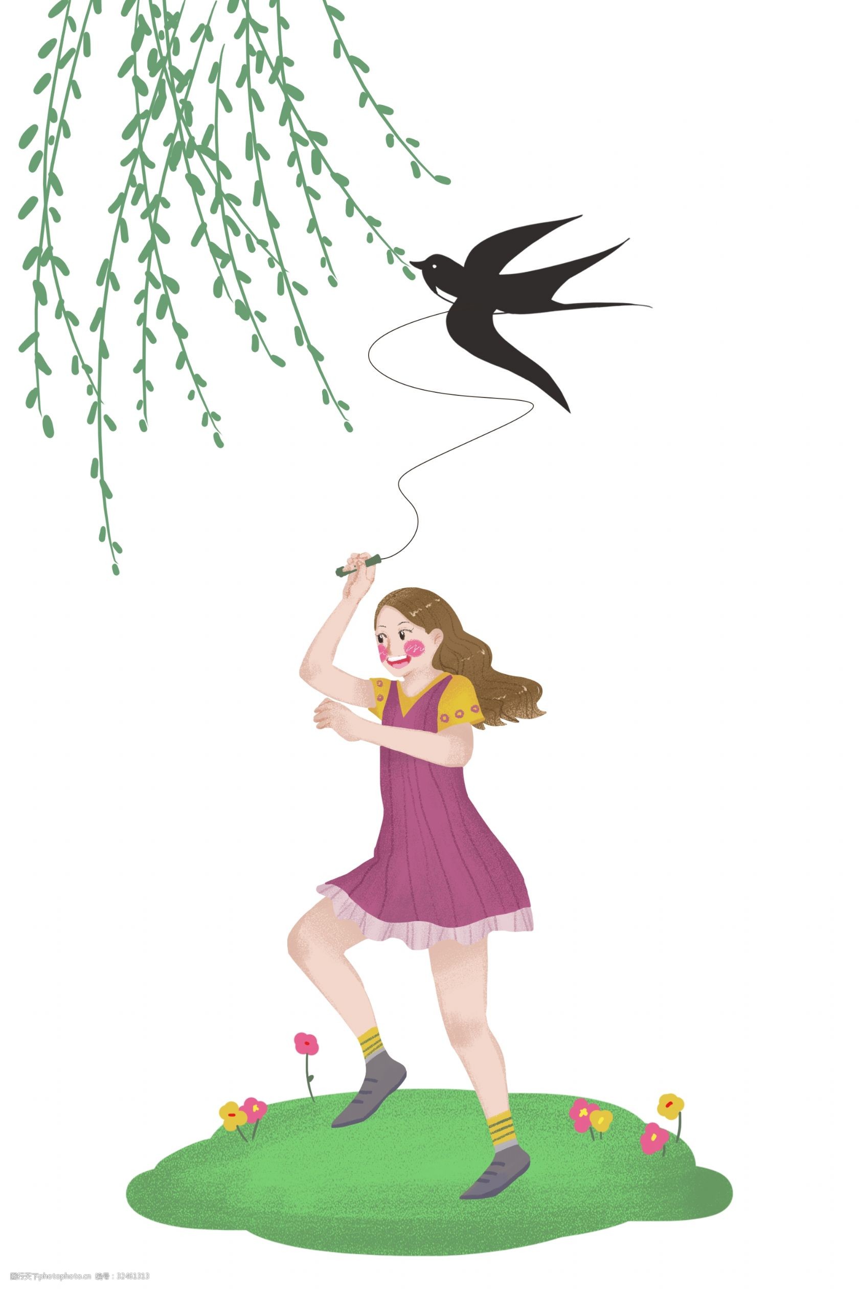 清明节人物插画 放风筝的小女孩 黑色的风筝 燕子风筝 卡通人物 植物