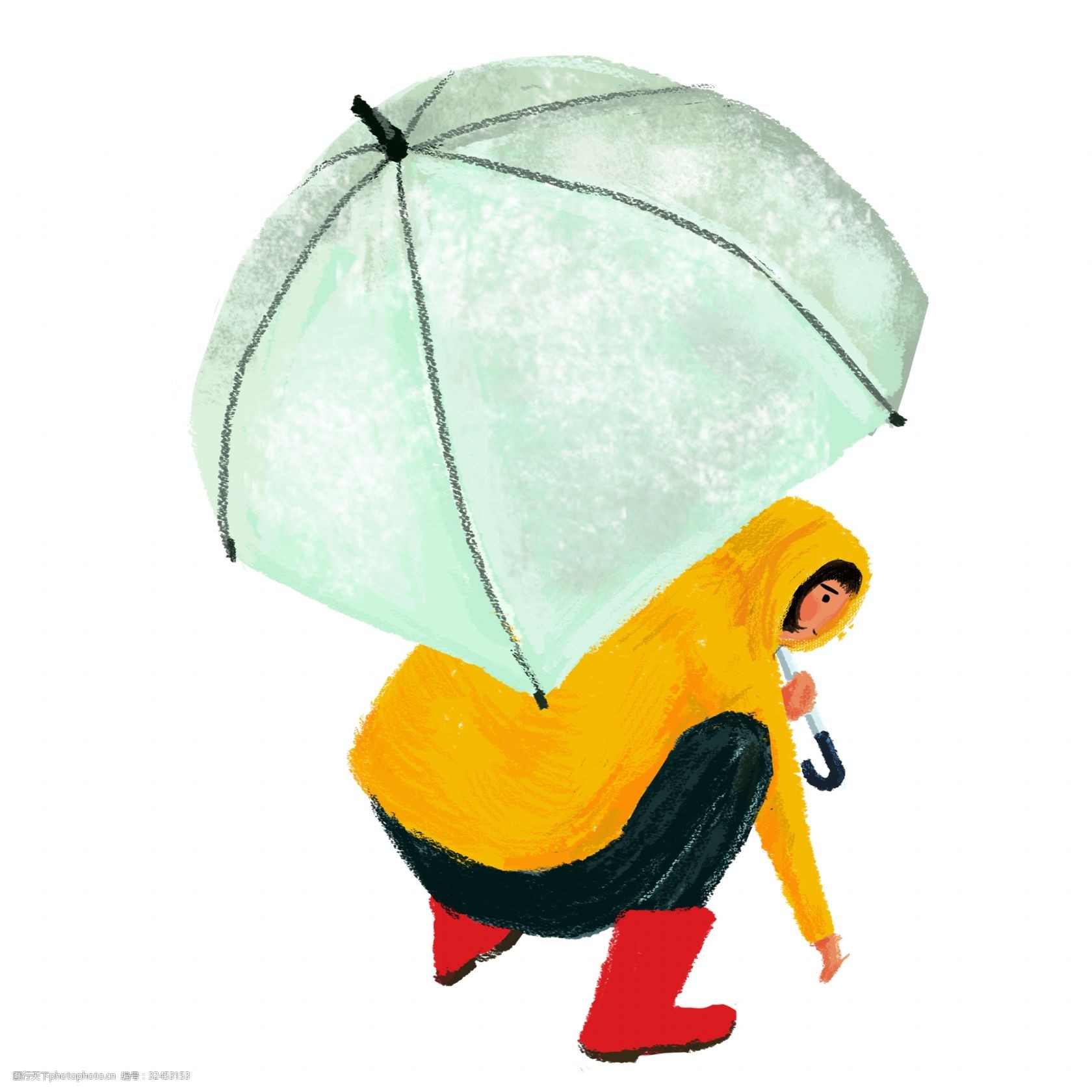 雨伞的男孩元素 彩色 创意 雨伞 弯曲 弧度 衣服 鞋子 雨鞋 卡通插画