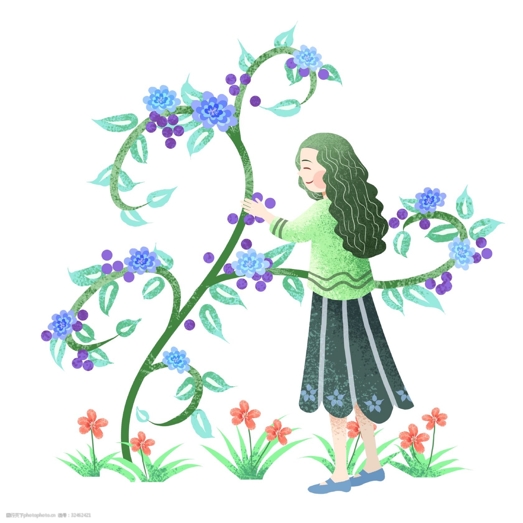 踏青人物插画 采花的小女孩 蓝色的小花 紫色的果实 卡通人物 绿色的