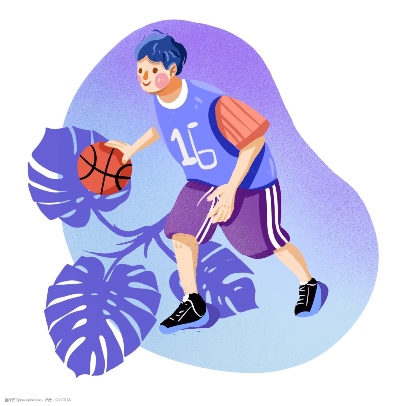 打篮球的运动男孩手绘卡通插画png免抠素材