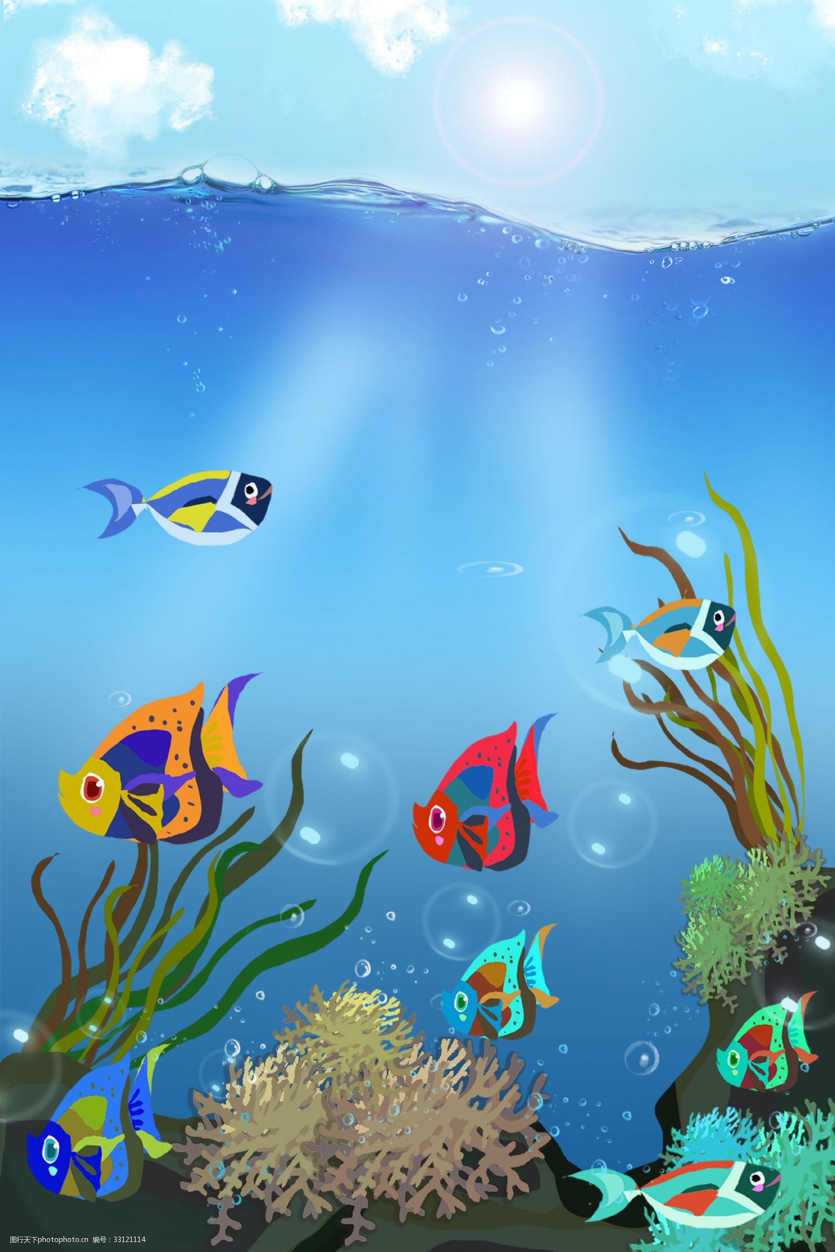 清新蓝色海底世界阳光照射海报背景