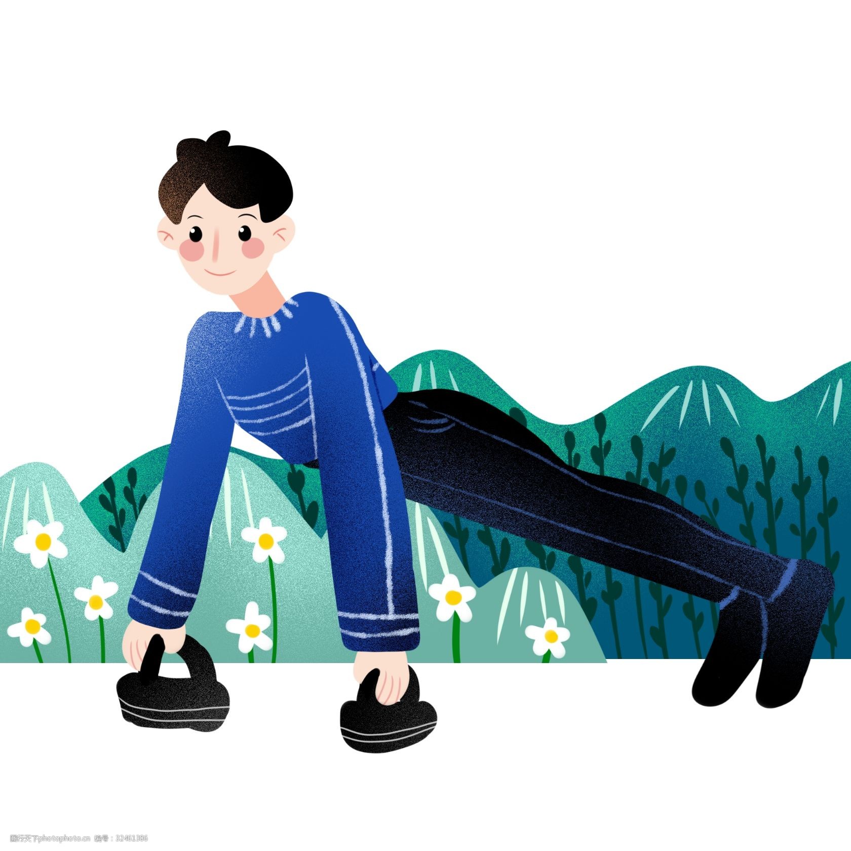 运动健身插画 俯卧撑健身 健身的小男孩 绿色的树木 植物装饰 卡通