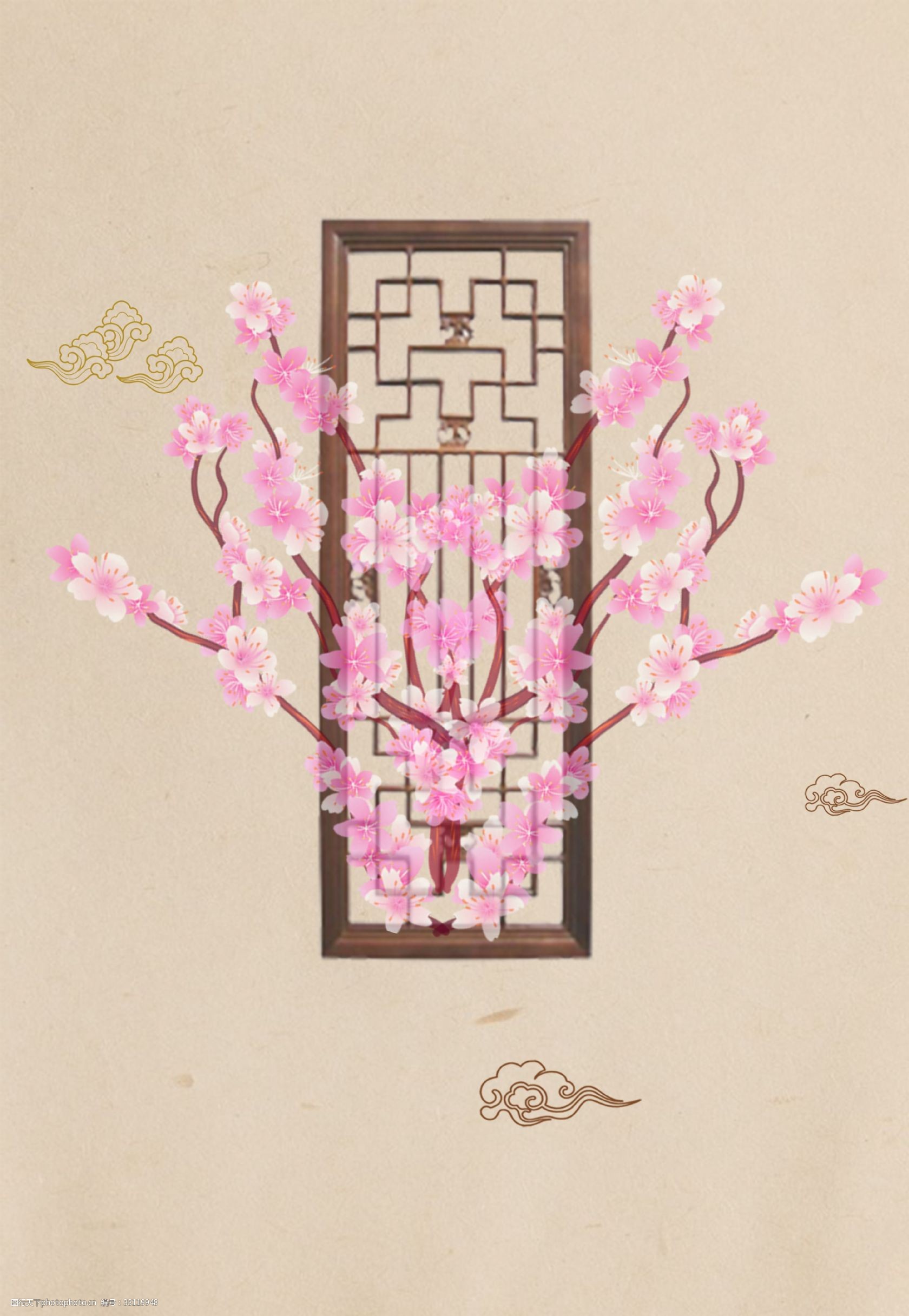 工笔画中国风桃花海报